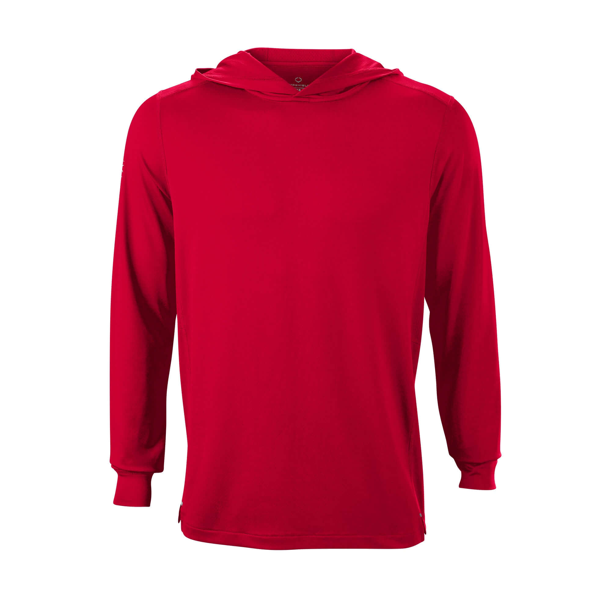 Front view of Evoshield Adult Lightweight Training Hoodie 2.0 in red, showcasing its slim fit and hood design.
