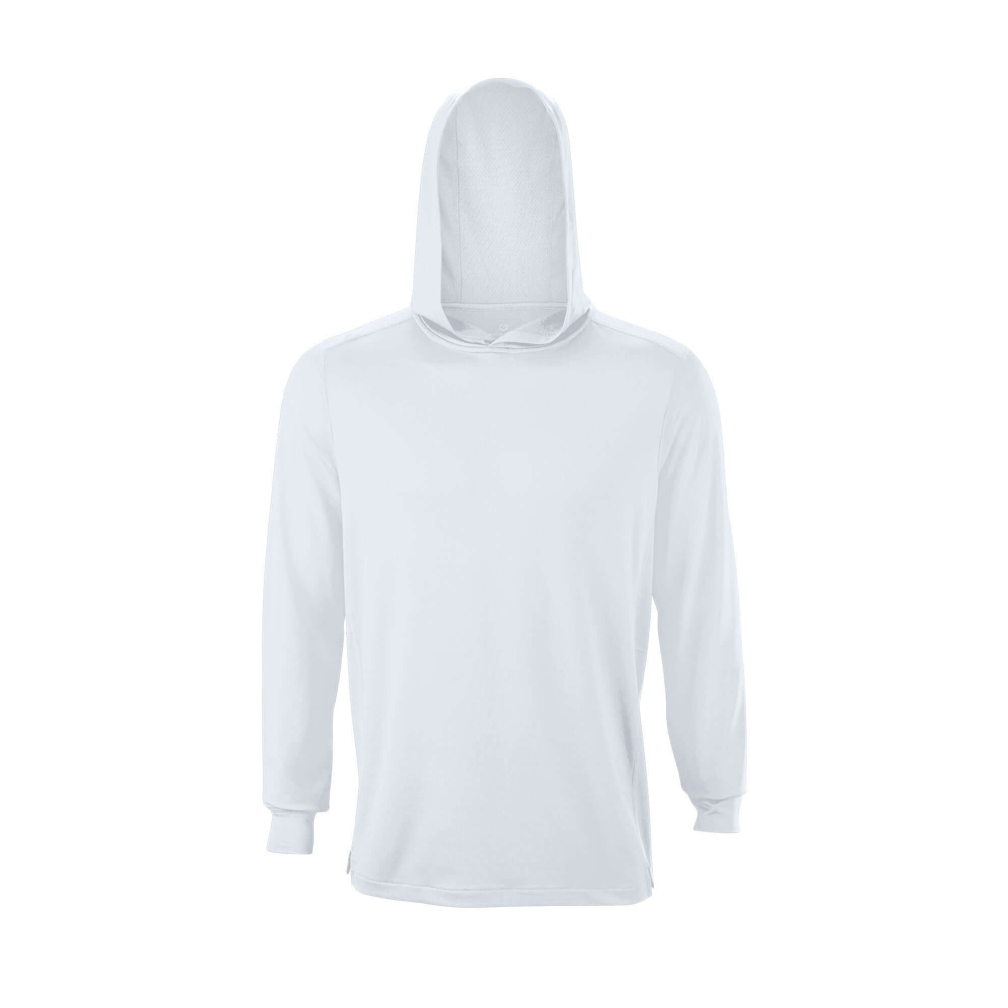 Front view of EvoShield Adult Lightweight Training Hoodie 2.0 in white, designed for athletes with a slim fit and moisture-wicking fabric.