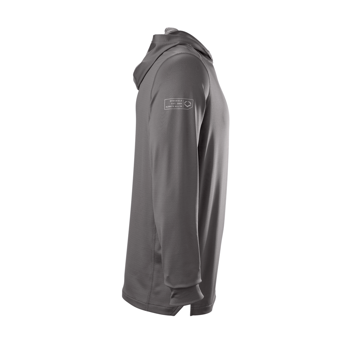 Side view of Evoshield Adult Lightweight Training Hoodie 2.0 in dark gray, showcasing its sleek design and athletic fit.