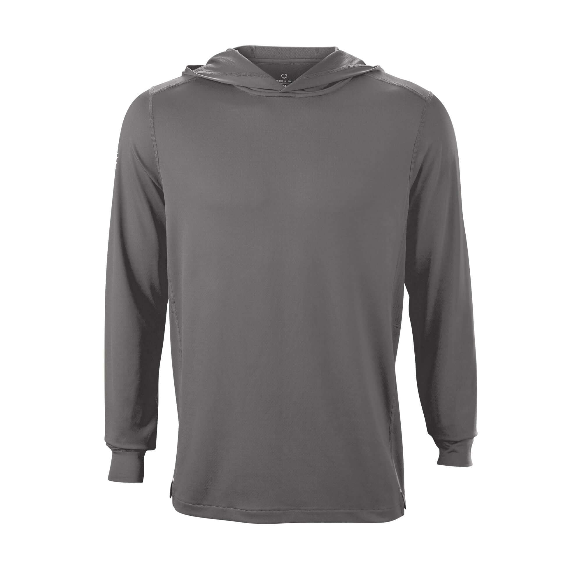 Front view of the Evoshield Adult Lightweight Training Hoodie 2.0 in gray, designed for athletic performance and comfort.