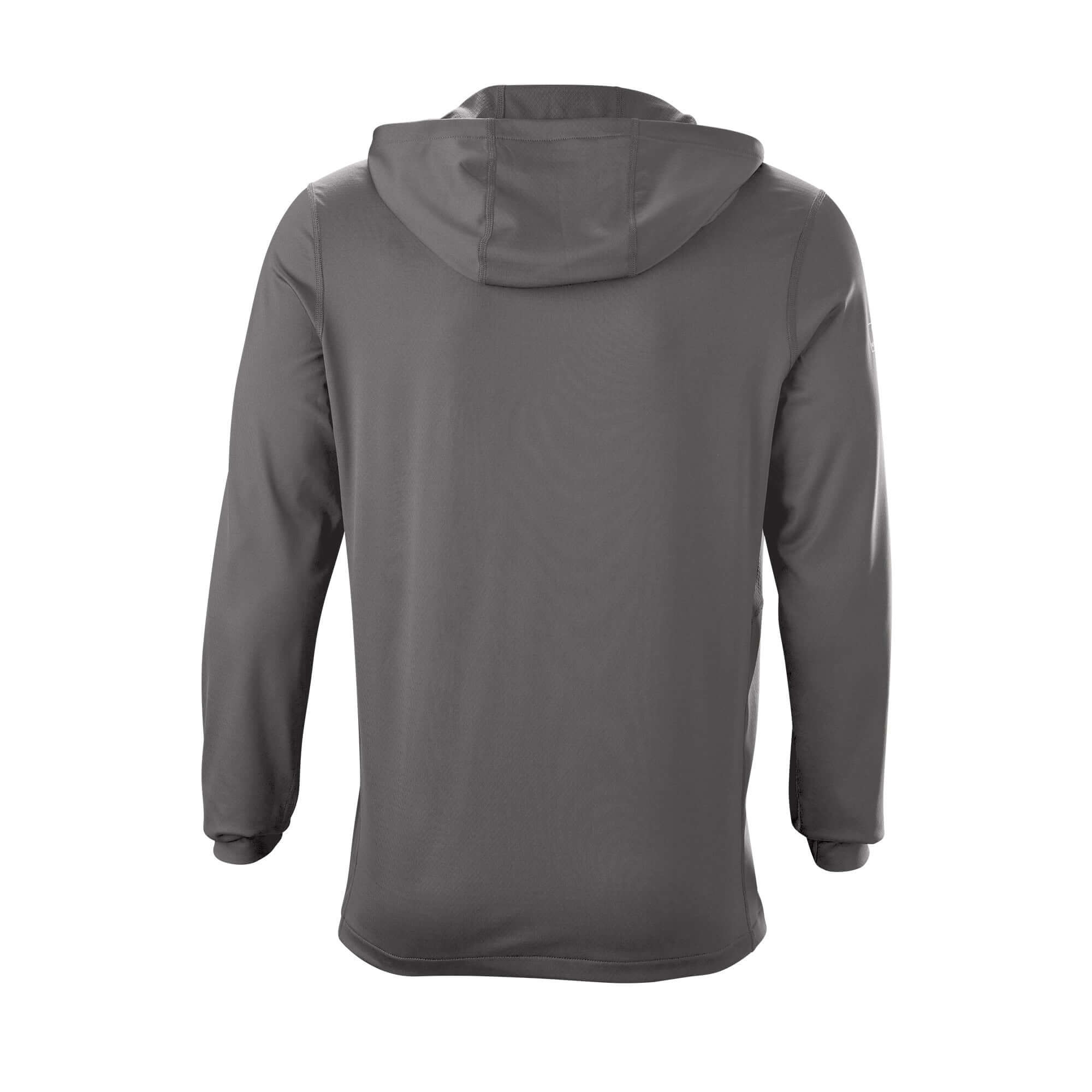 Back view of the Evoshield Adult Lightweight Training Hoodie 2.0 in sleek gray, showcasing its streamlined design and hood.