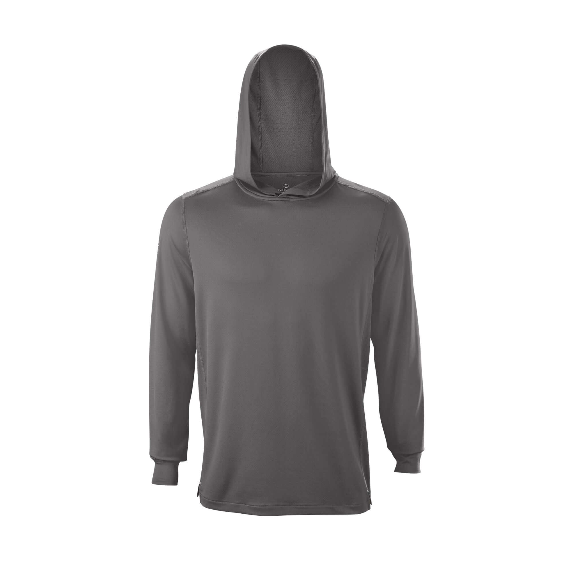 Front view of Evoshield Adult Lightweight Training Hoodie 2.0 in gray, designed for athletes with moisture-wicking fabric.