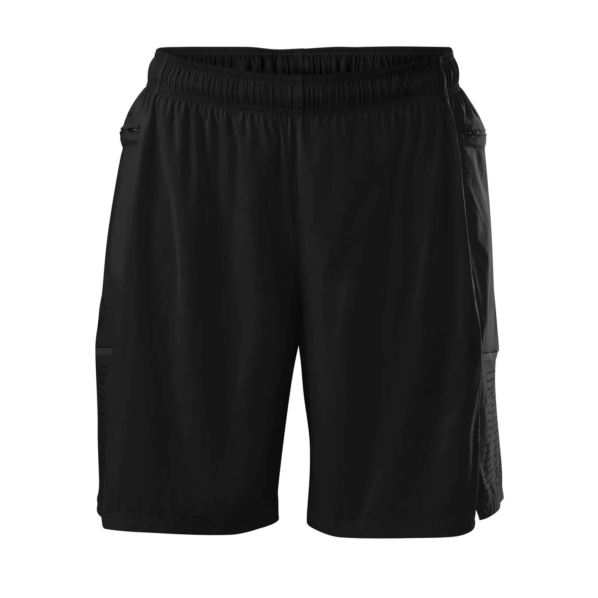 Evoshield Men's Game Changing 2-in-1 Shorts in black, featuring compression lining and zip pockets for secure storage.