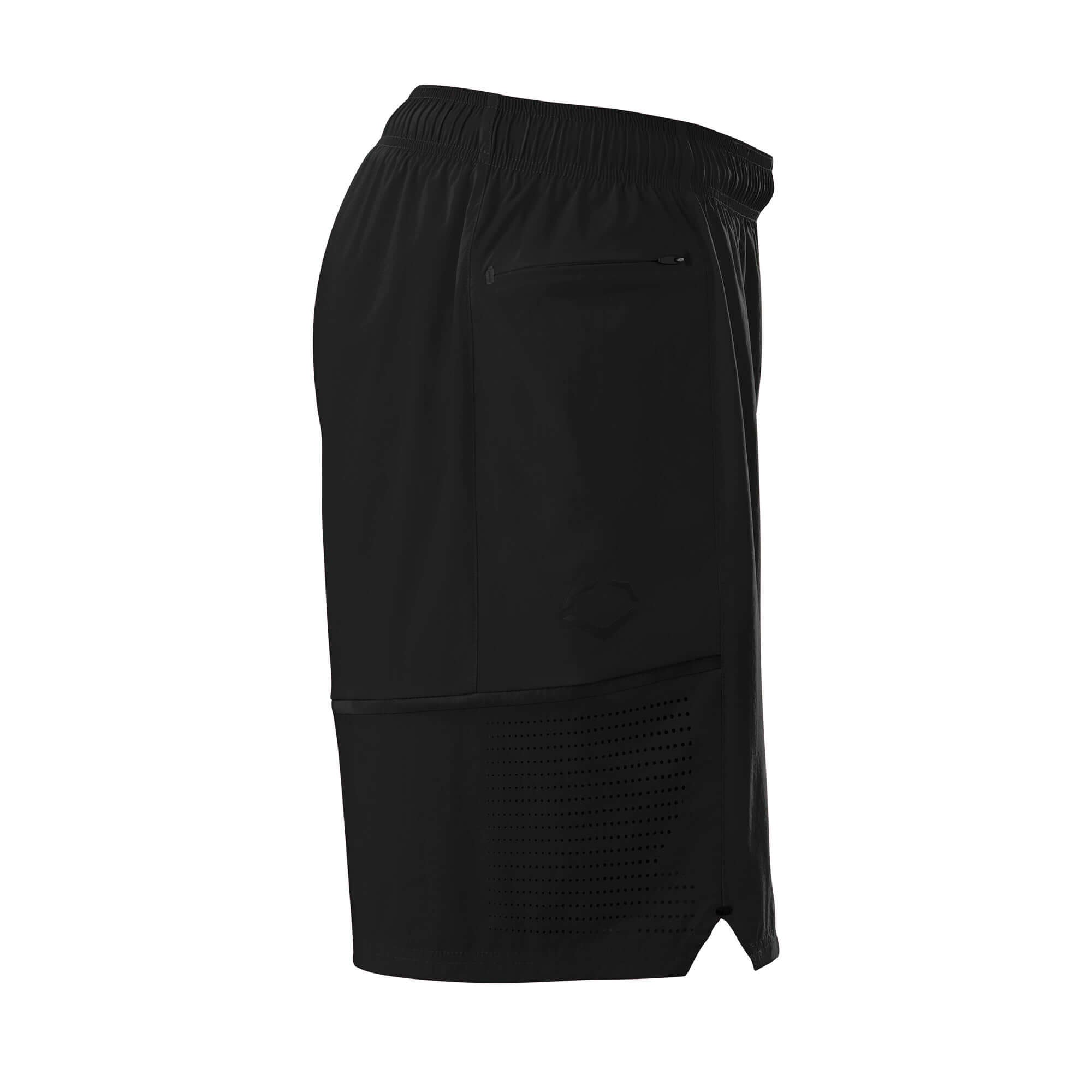 Evoshield Men's Game Changing 2-in-1 Short in black, showcasing side view with zip pocket and breathable mesh details.