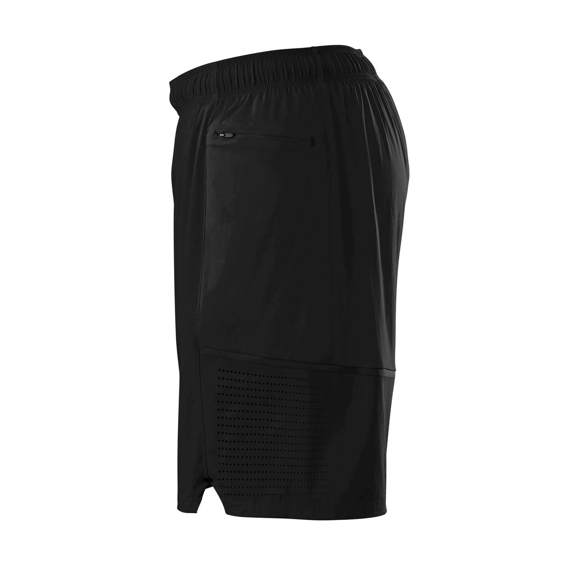 Side view of Evoshield Men's Game Changing 2-in-1 Short in black, featuring zip pockets and breathable fabric for comfort.