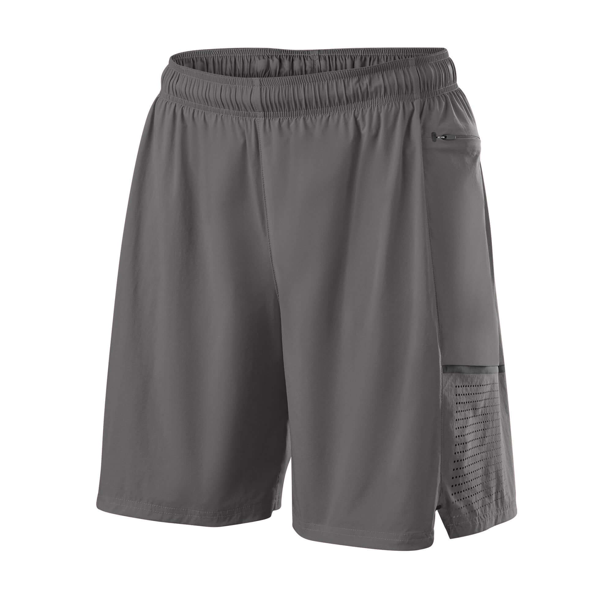 Evoshield Men's Game Changing 2-in-1 Short in charcoal color, featuring zip pockets and breathable fabric for maximum comfort.