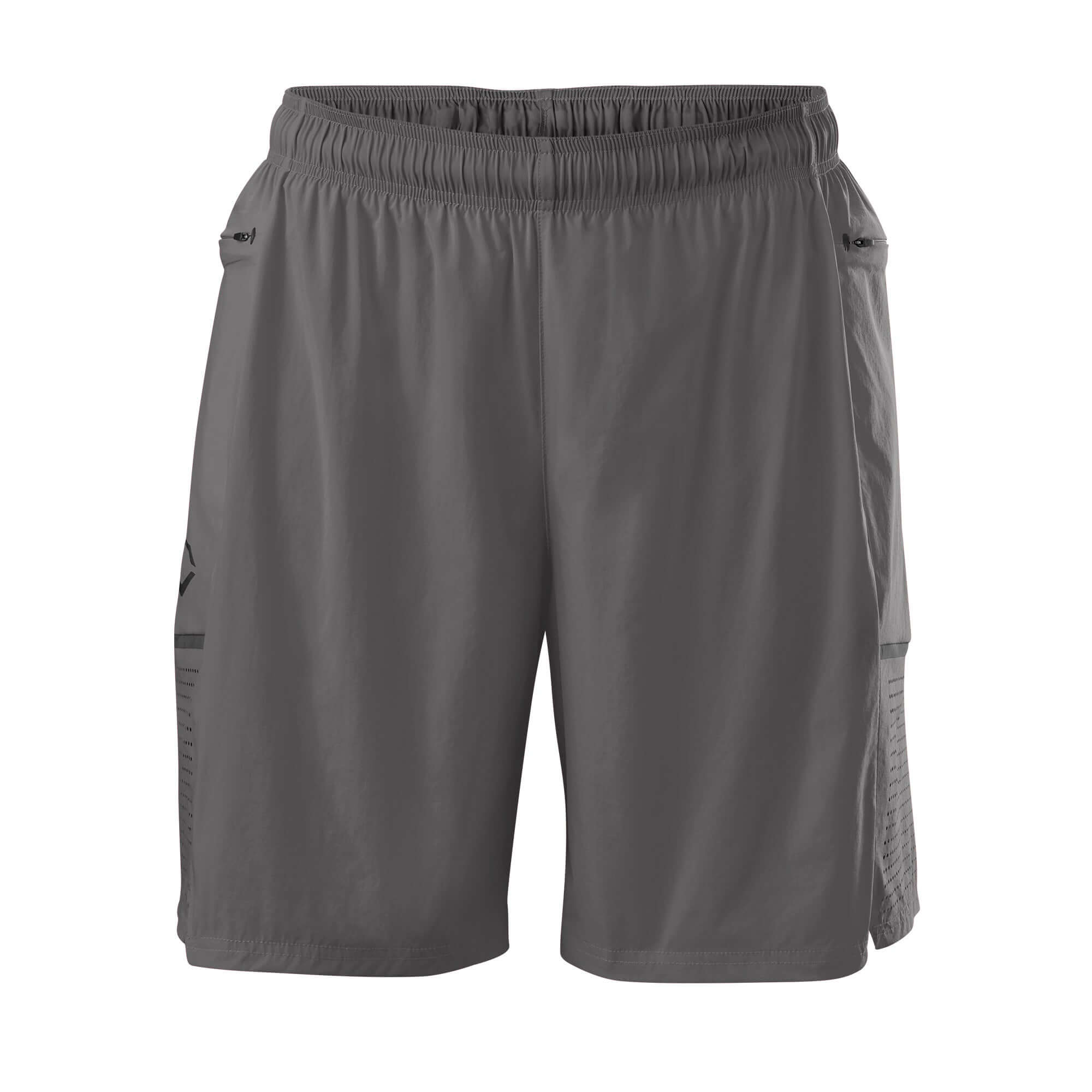 Evoshield men's charcoal 2-in-1 shorts with compression layer and zip pockets for secure storage during workouts.