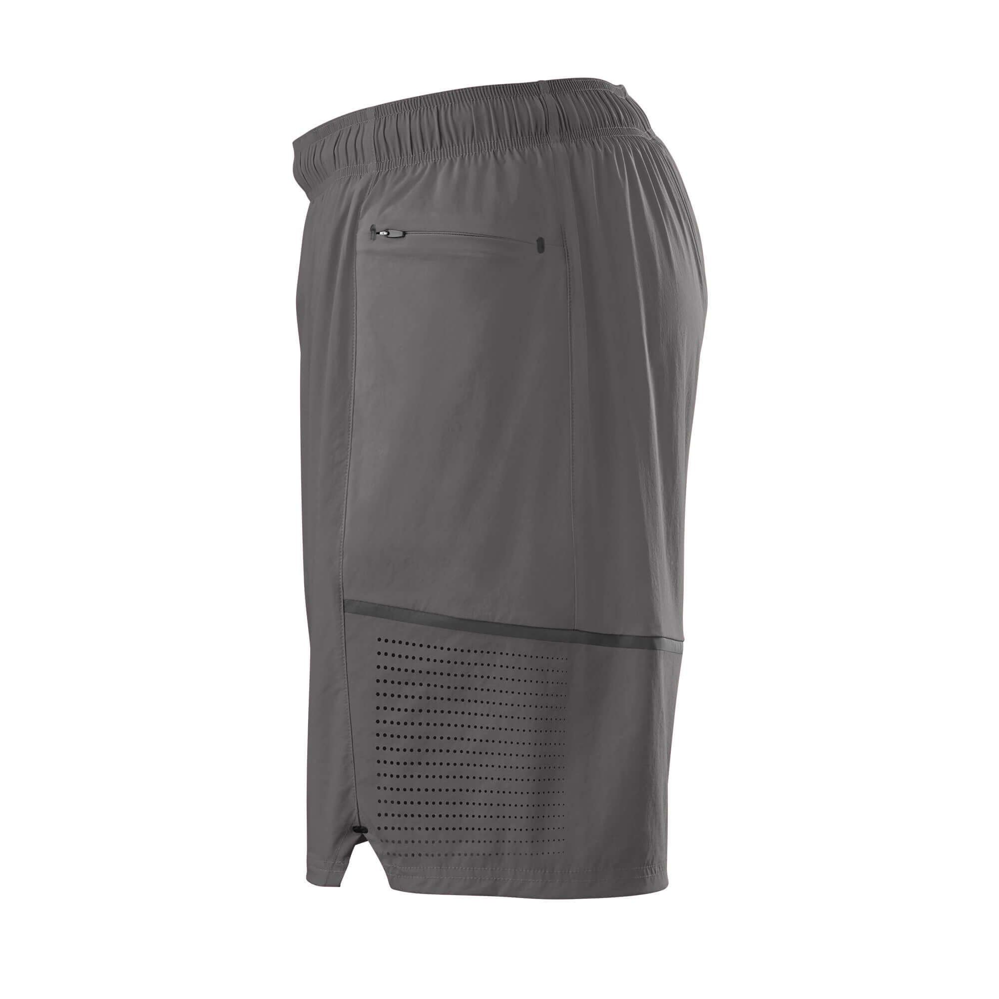 Evoshield Men's Game Changing 2-in-1 Short in charcoal with zip pocket and breathable mesh panel for comfort during workouts.