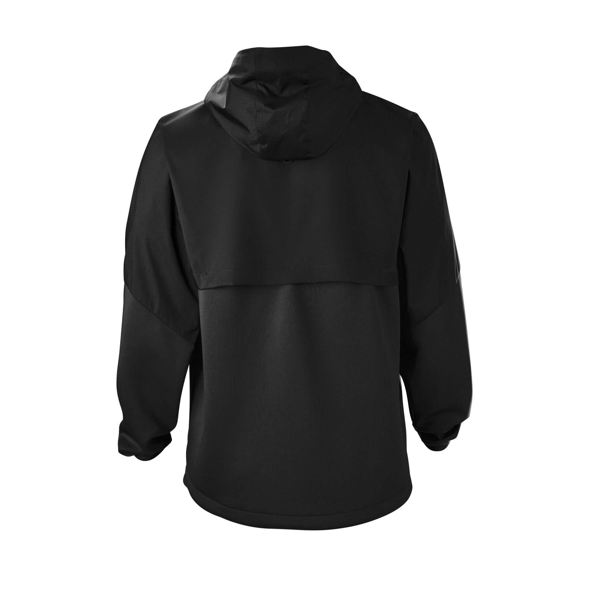 Back view of Evoshield Men's Anorak 1/2 Zip Jacket in black, featuring a hood and athletic-fit design.