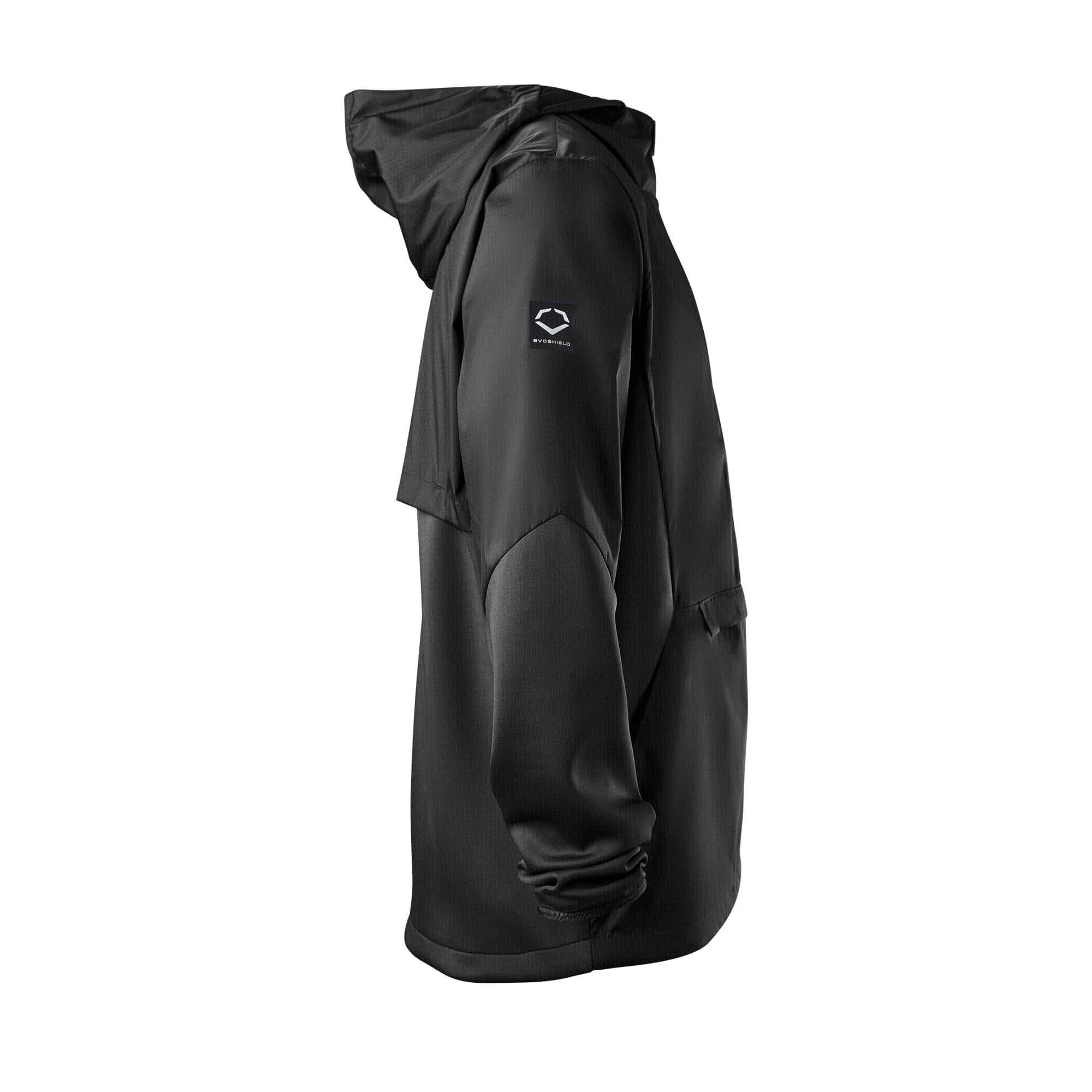 Evoshield Men's Anorak 1/2 Zip Jacket in black, featuring a hood and athletic fit for cool weather protection.