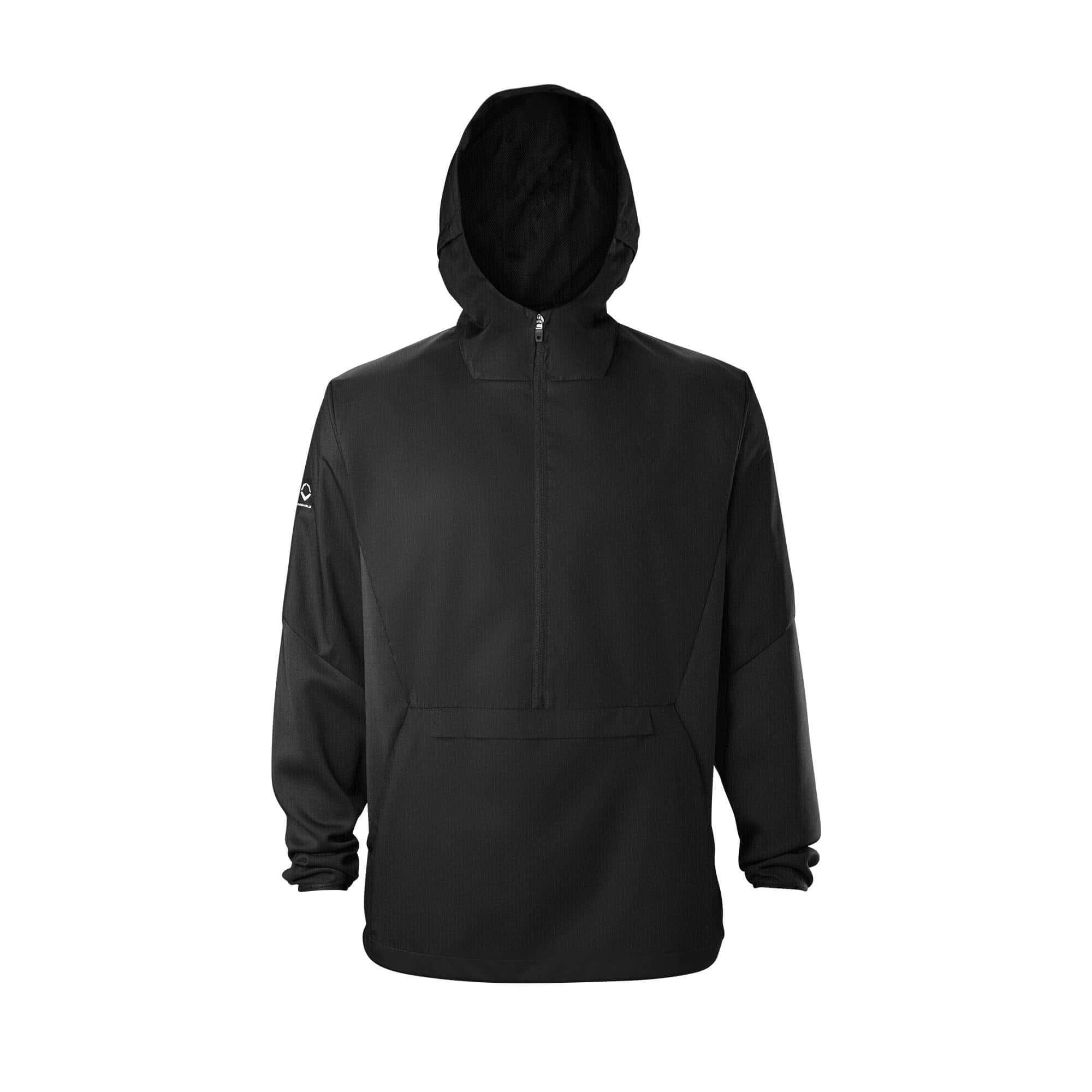 Evoshield Men's Anorak 1/2 Zip Jacket in black, featuring a hood and kangaroo pocket for outdoor comfort.