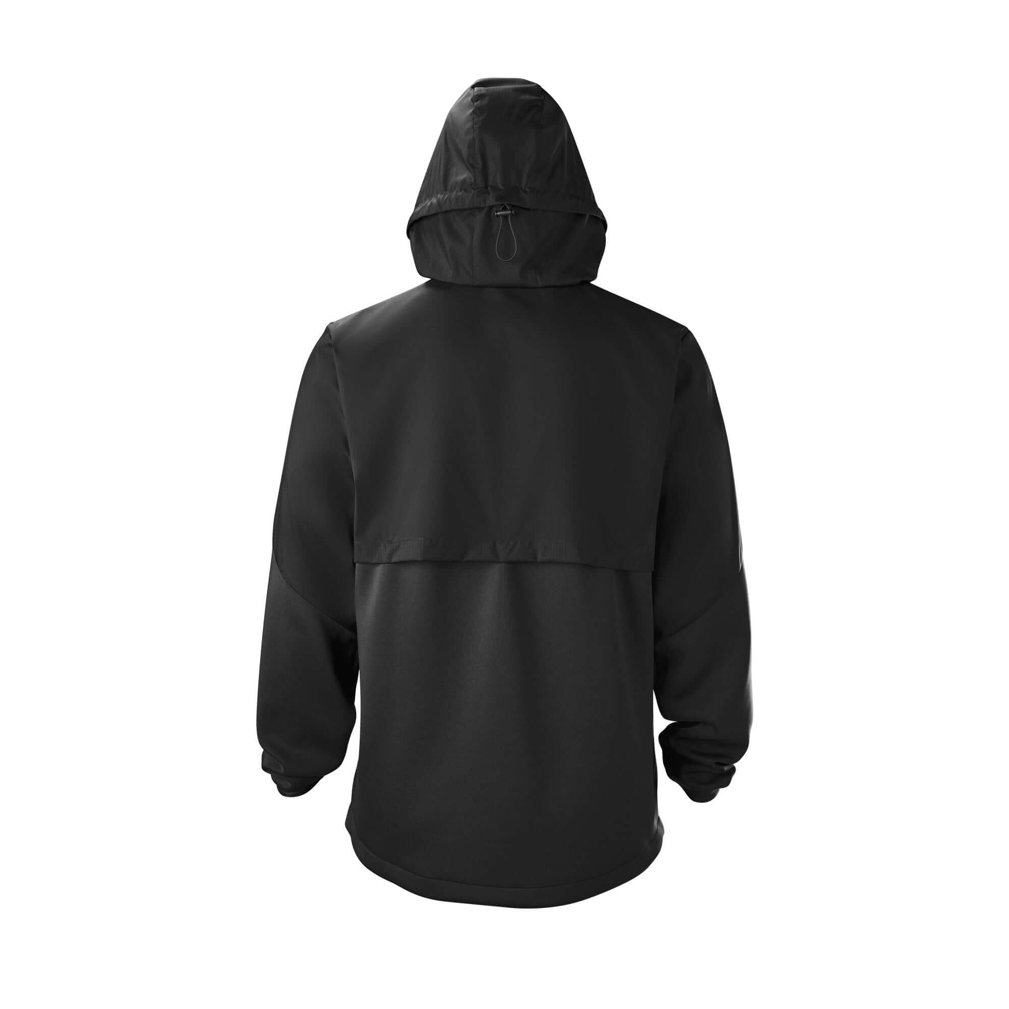 Back view of Evoshield Men's Anorak 1/2 Zip Jacket in black, designed for outdoor comfort and weather resistance.