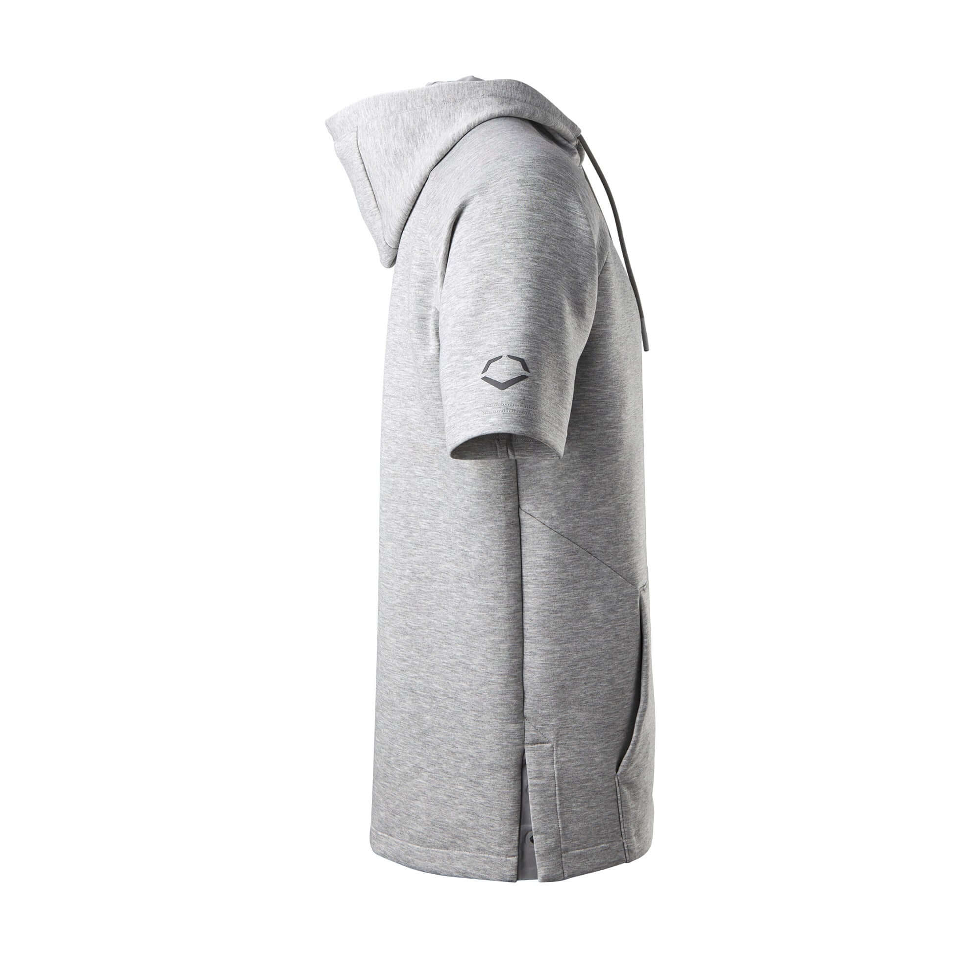 Evoshield Men's Pro Team Short Sleeve Hoodie 2.0 in Heather Grey, featuring a comfortable design and side vents for movement.