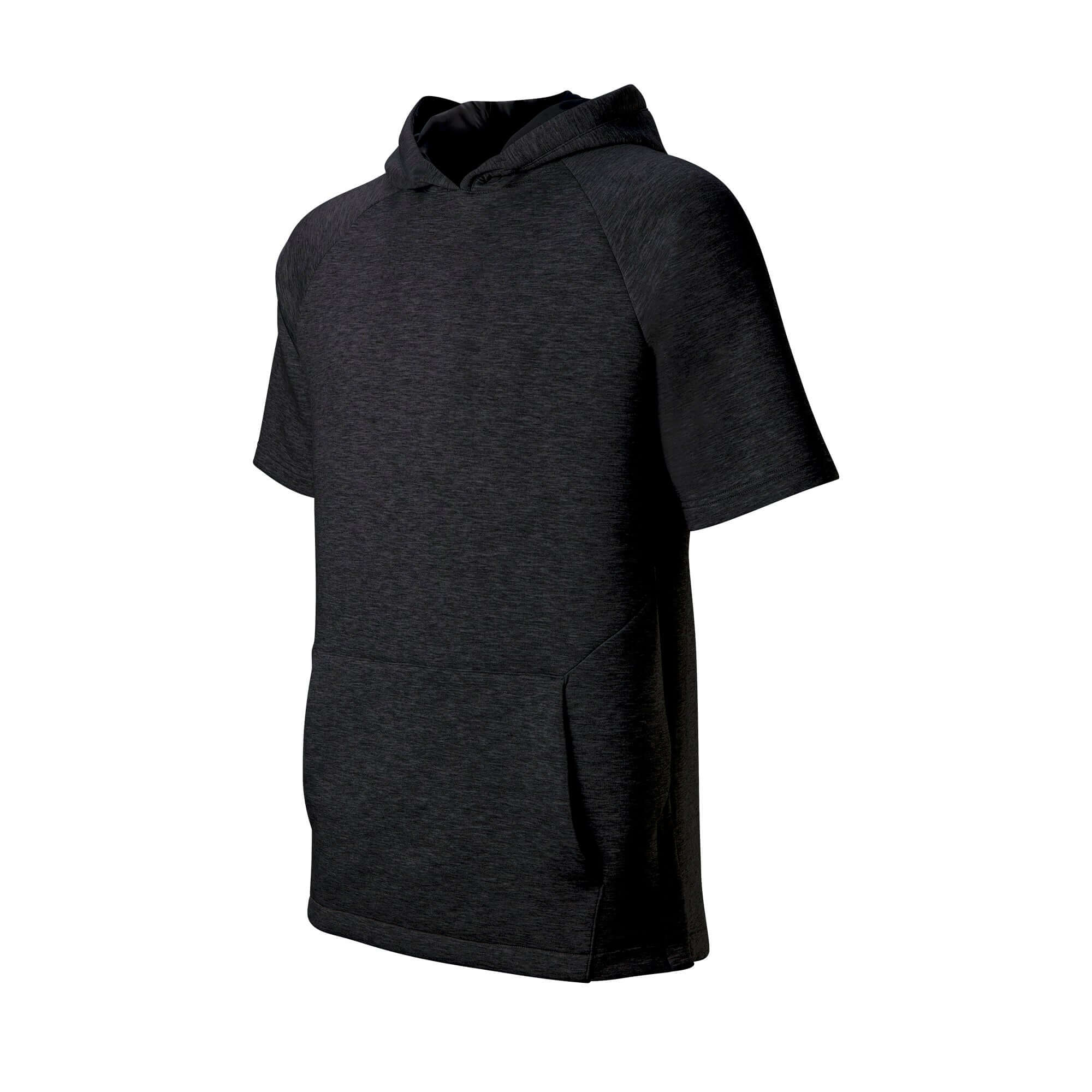 Evoshield Youth Pro Team Short Sleeve Hoodie 2.0 in black, featuring a hood, kangaroo pocket, and relaxed fit for athletic wear.