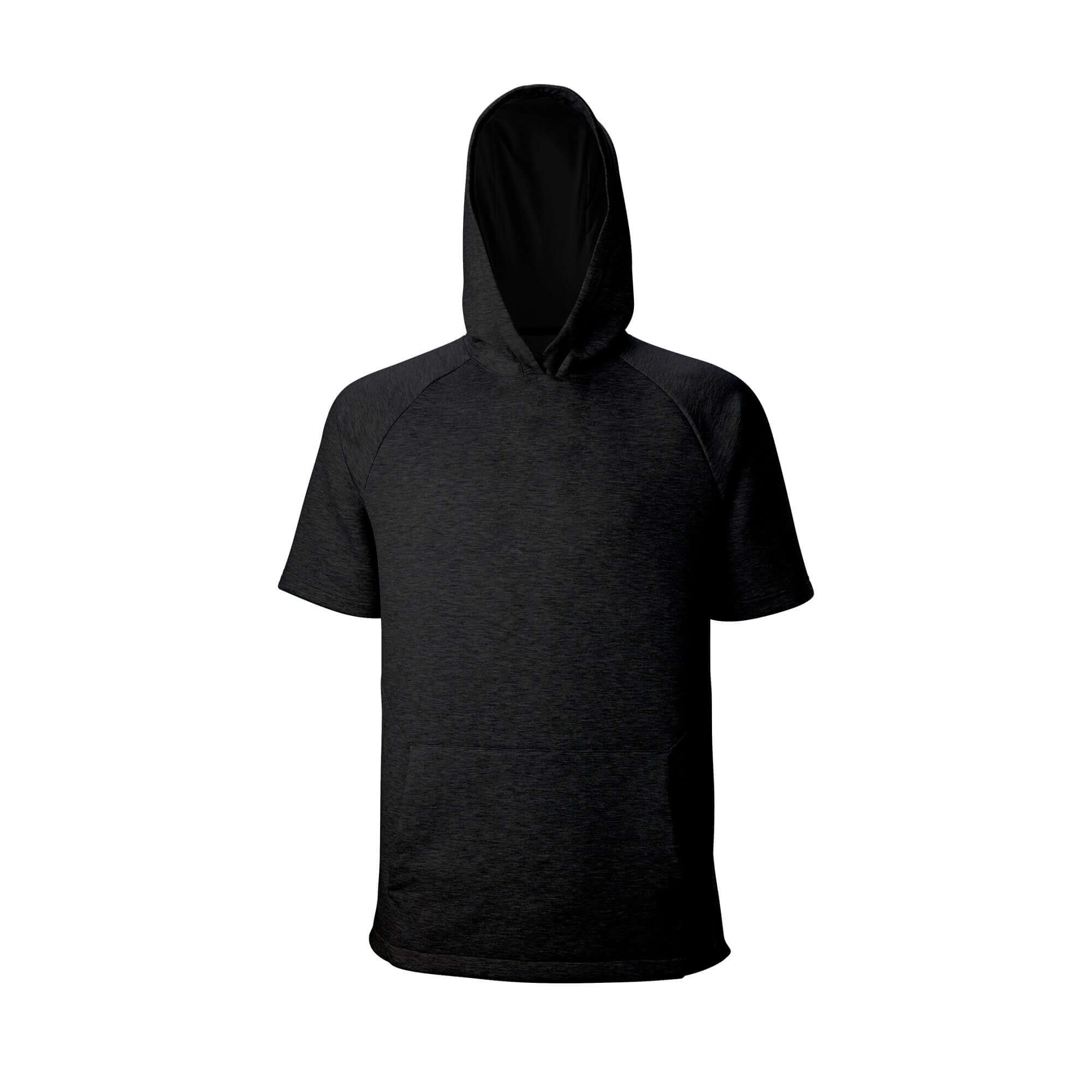 Evoshield Youth Pro Team Short Sleeve Hoodie 2.0 in black, featuring a hood and kangaroo pocket for athletes.
