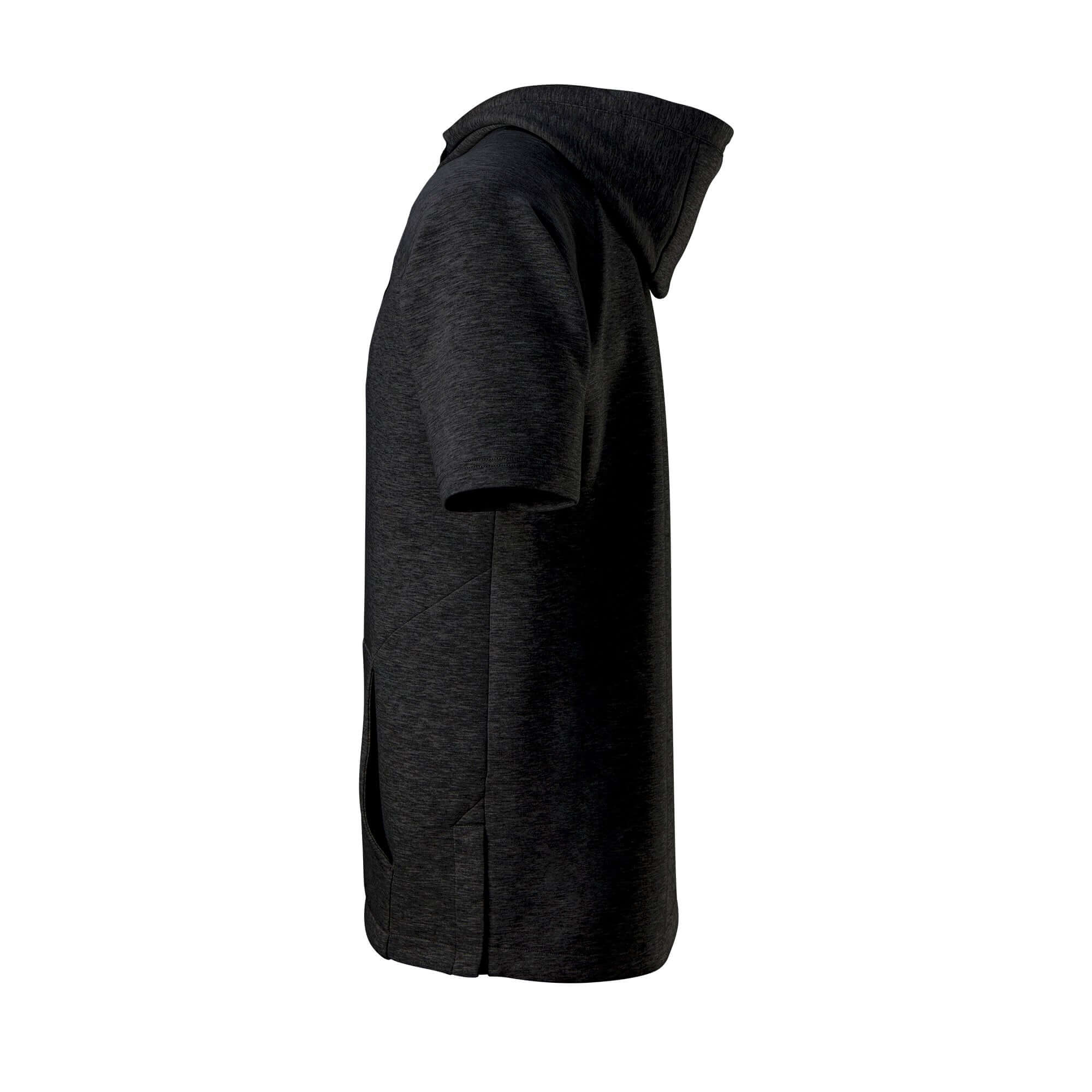 Side view of Evoshield Youth Pro Team Short Sleeve Hoodie 2.0 in black, designed for comfort and athletic performance.