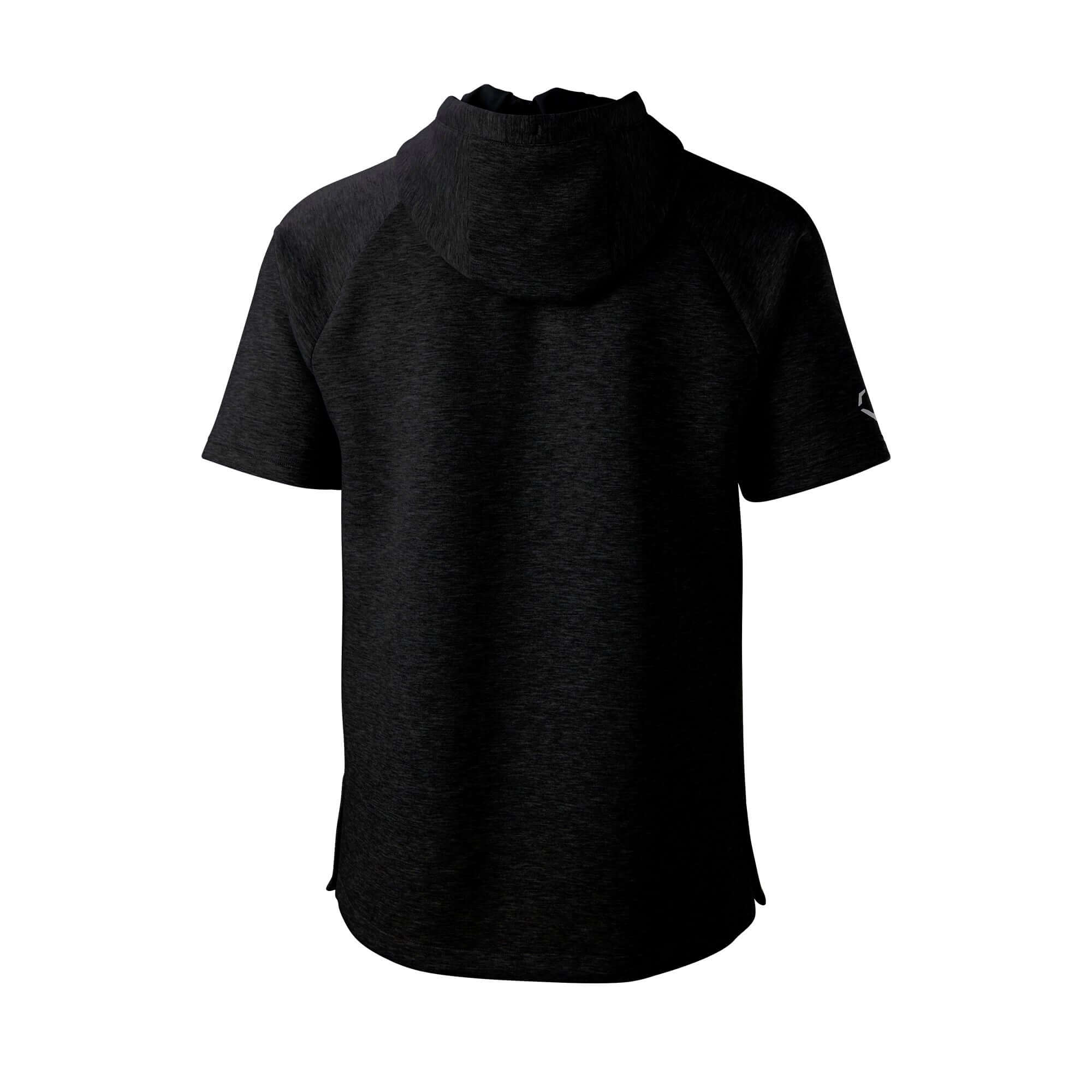EvoShield Youth Pro Team Short Sleeve Hoodie 2.0 in black, back view showcasing the hood and relaxed fit design.