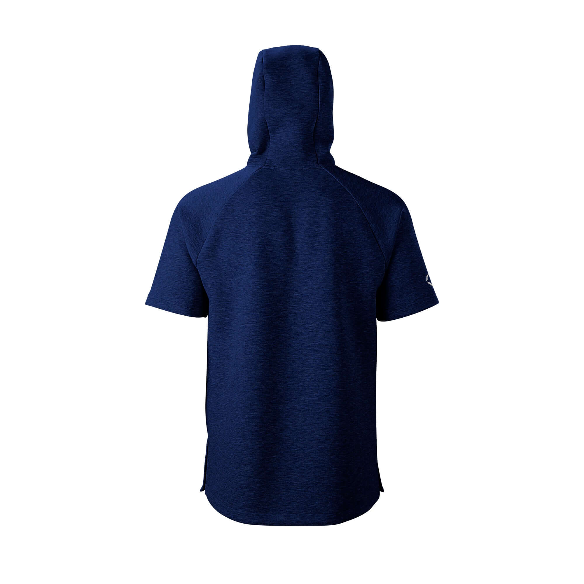 Back view of Evoshield Youth Pro Team Short Sleeve Hoodie 2.0 in navy, featuring a 3-piece hood and relaxed fit.