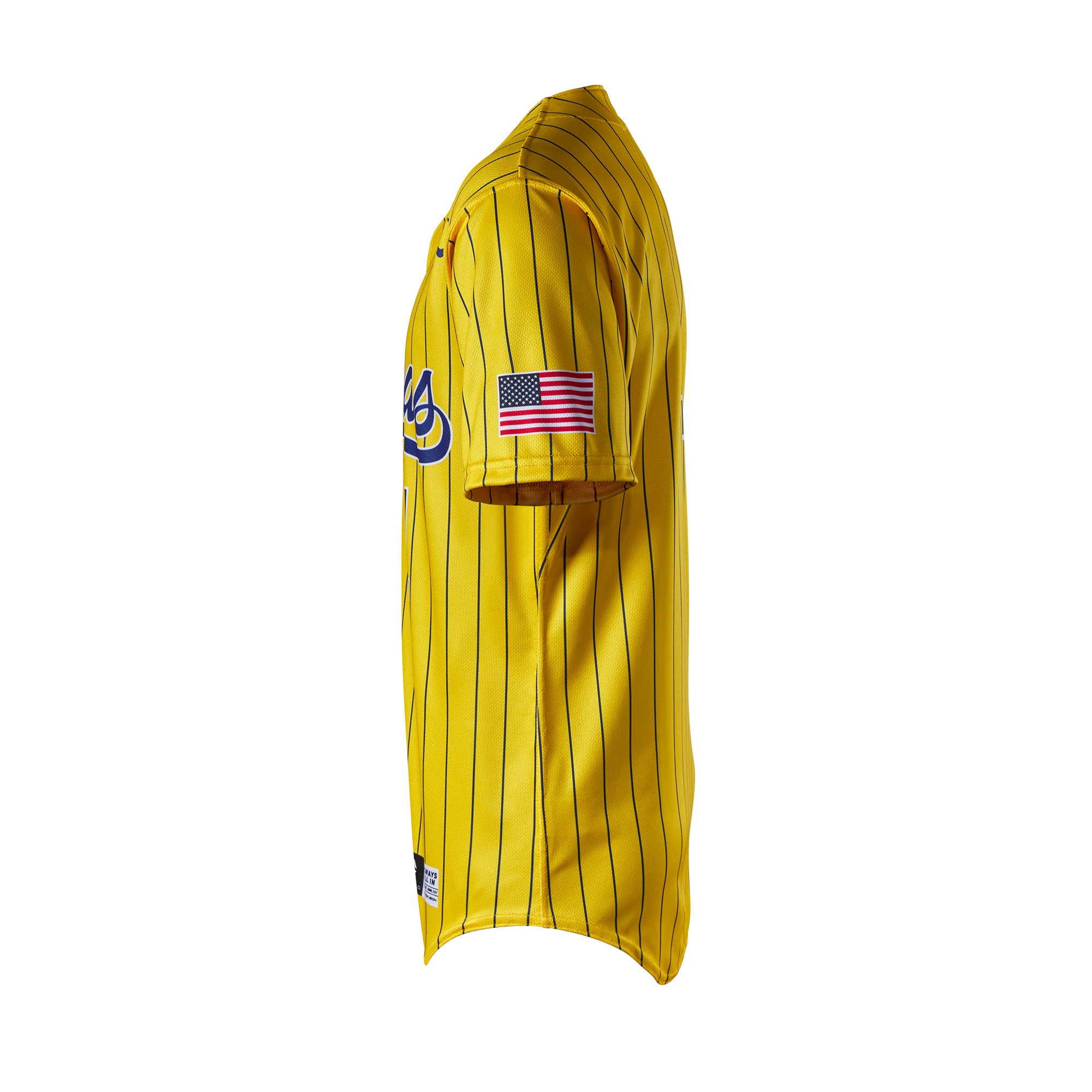 Side view of Evoshield Adult Bananas Replica Jersey in yellow with navy accents