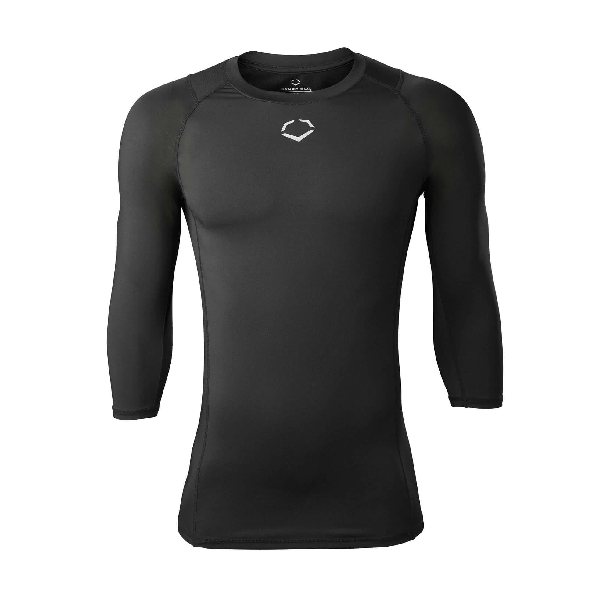 EvoShield Men's Season Ready Fitted Mid Sleeve shirt in black, perfect for workouts and gamedays, featuring a compression fit.