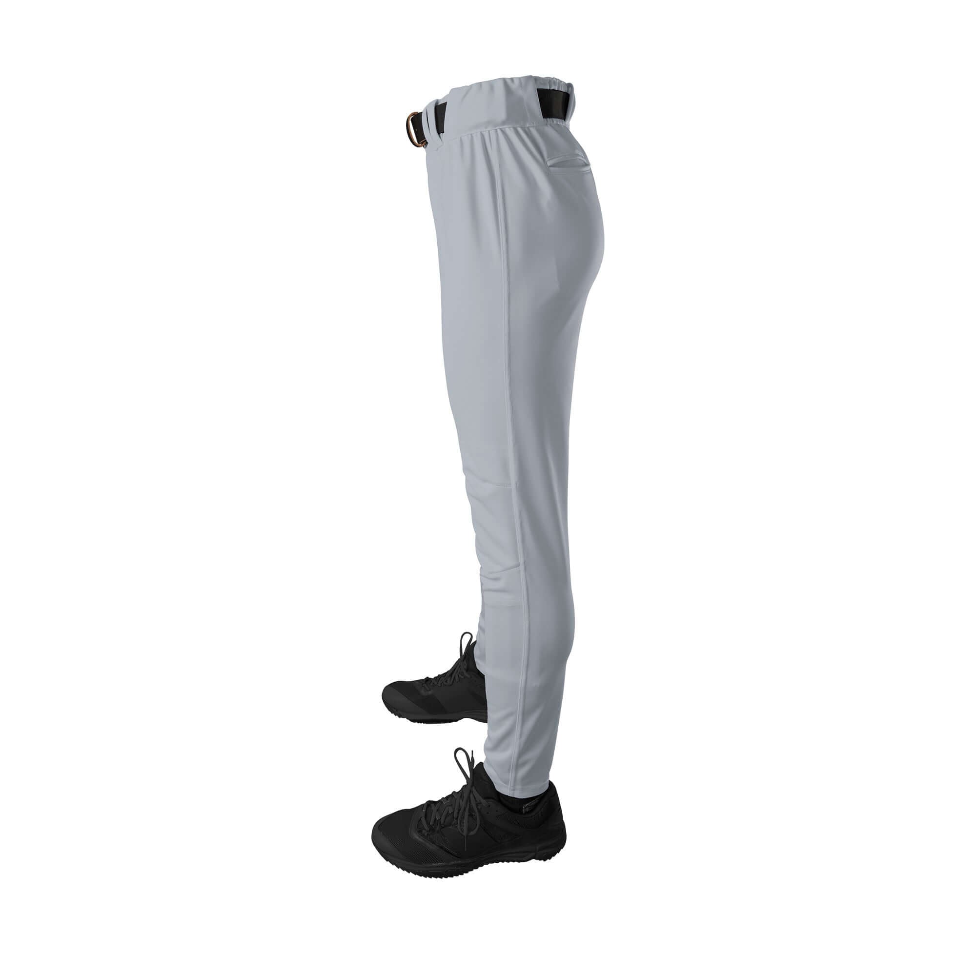Side view of Evoshield Men's CT Game Pant in gray, showing slim fit and black shoes, highlighting elastic waistband and form-fitting design.