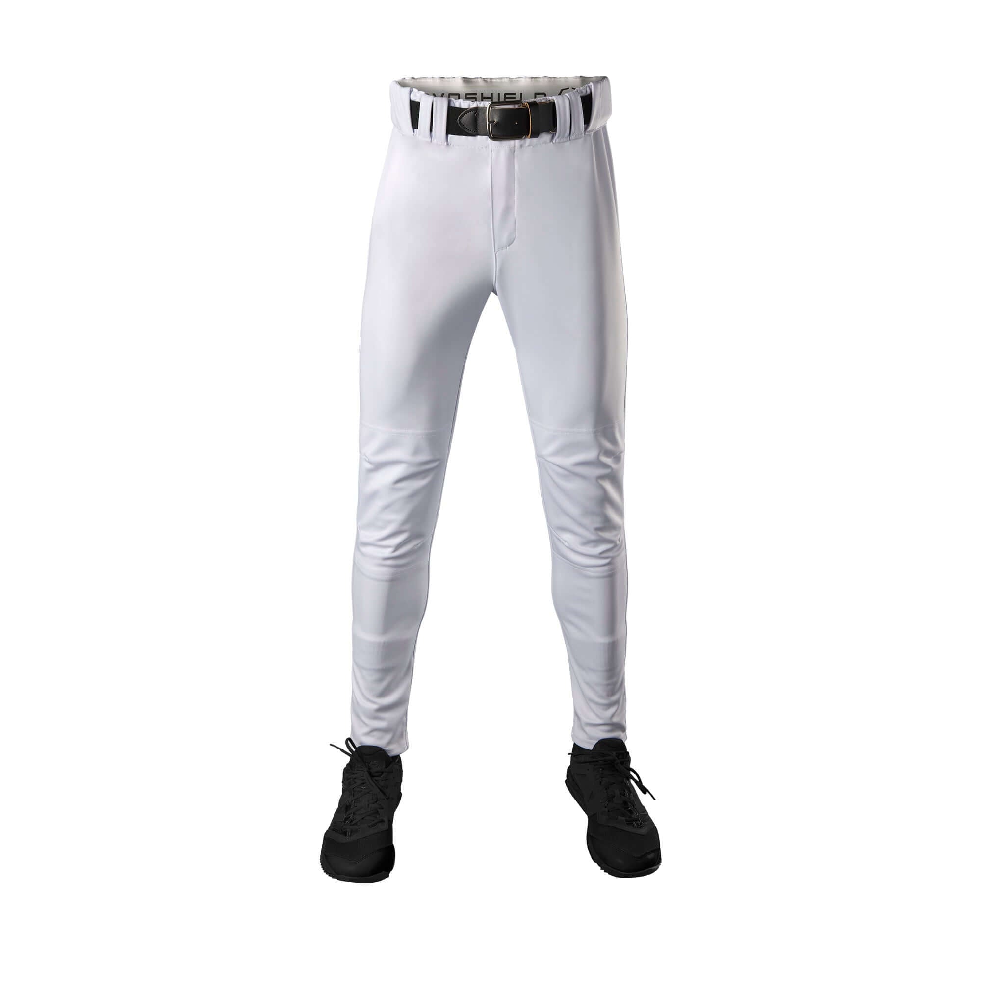 Front view of Evoshield Men's CT Game Pant in white with elastic waistband and black belt.