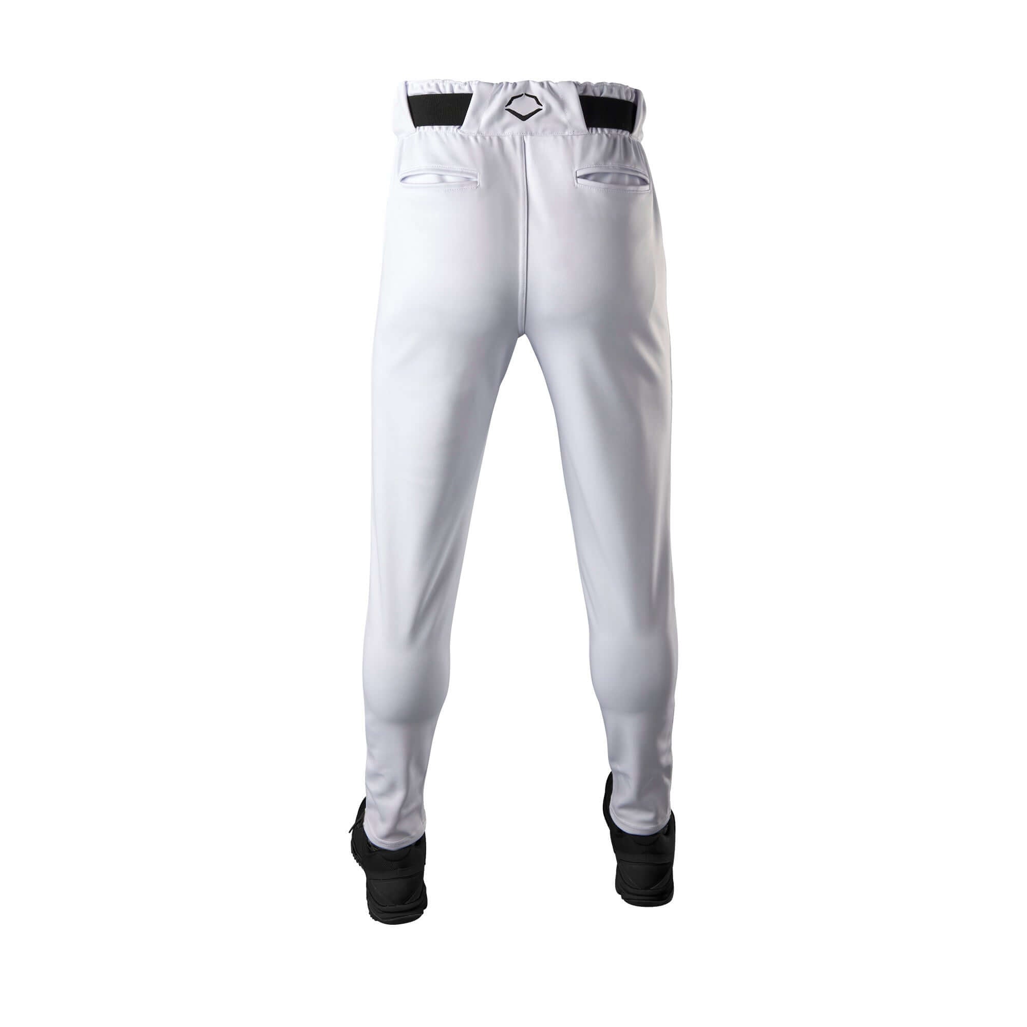 Back view of Evoshield Men's CT Game Pant in white with black waistband detail and slim fit design.