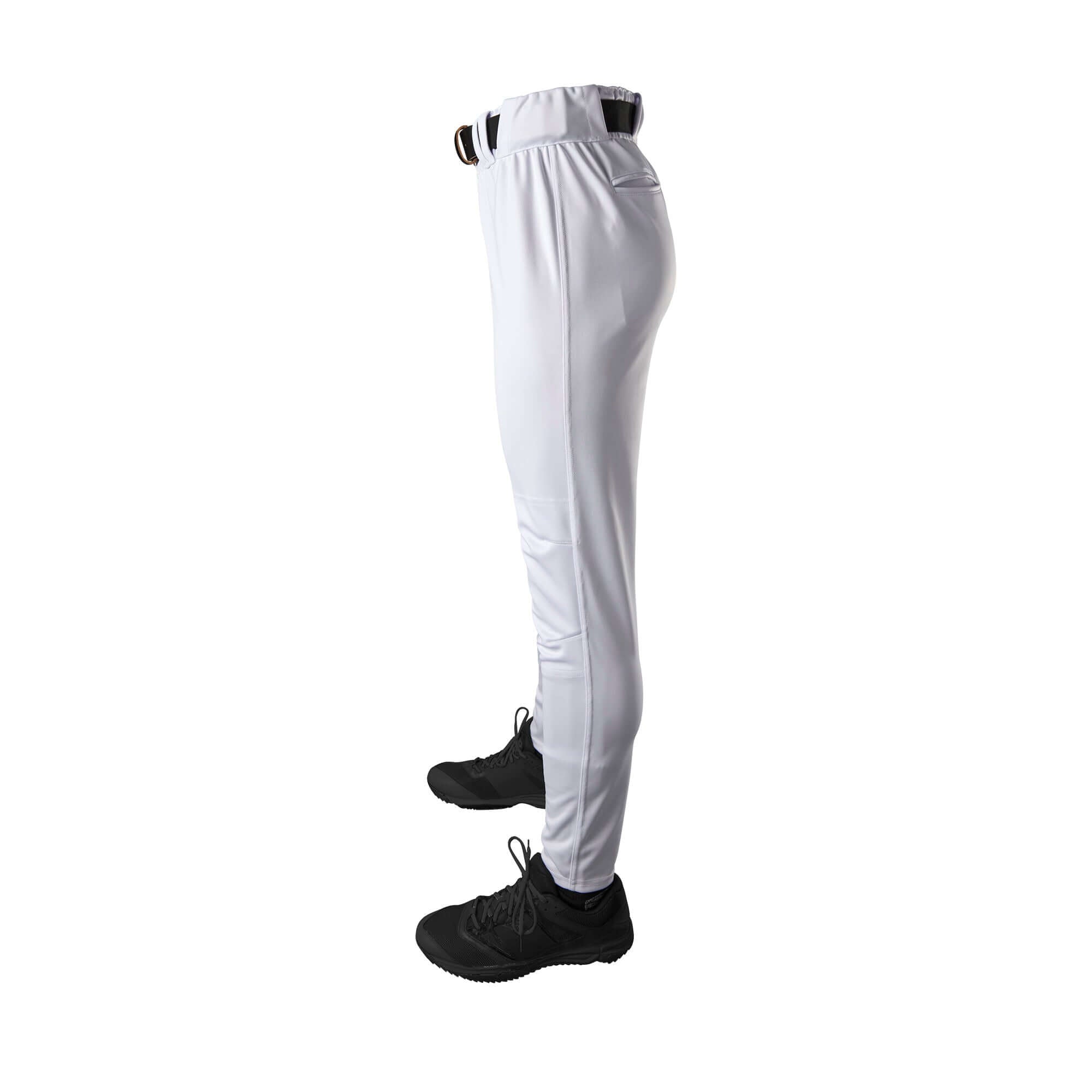 Side view of Evoshield Men's CT Game Pant in white with black shoes.