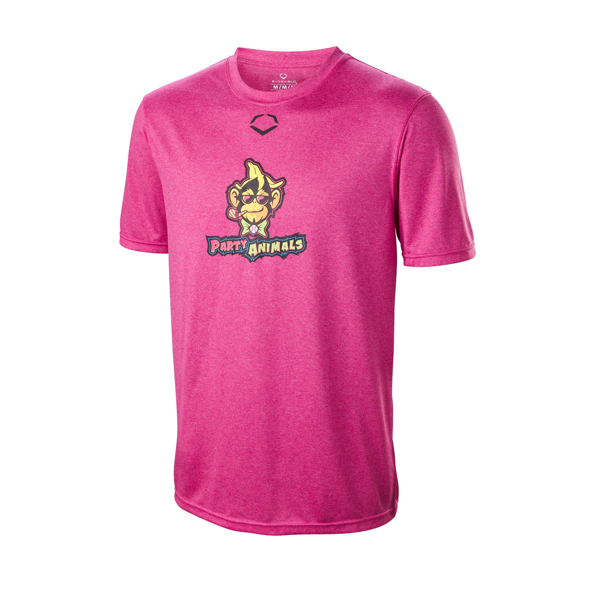 Evoshield Youth Party Animals Heather Tech Tee in pink with front Party Animals logo design.