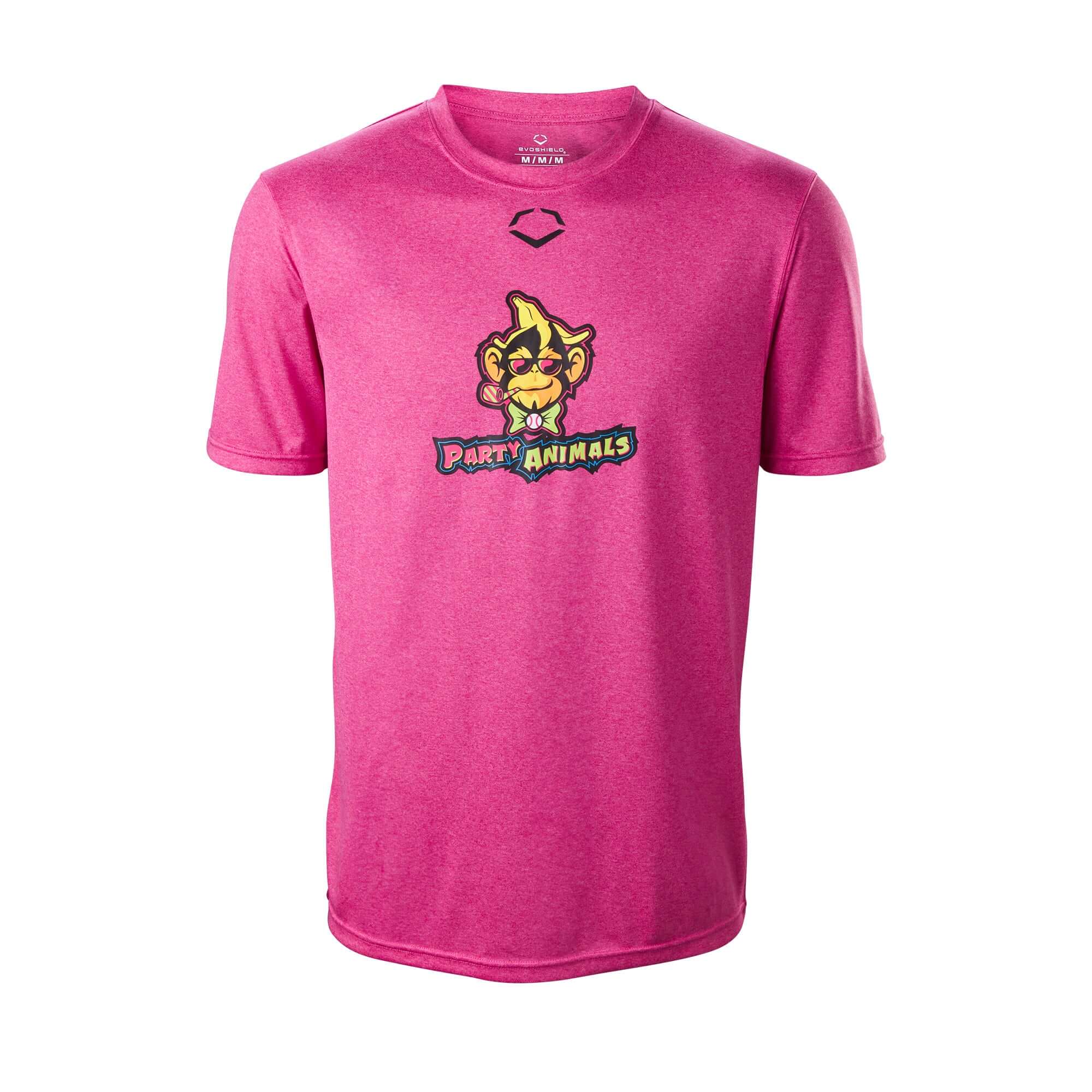 Front view of Evoshield Youth Party Animals Heather Tech Tee in pink with Party Animals logo.