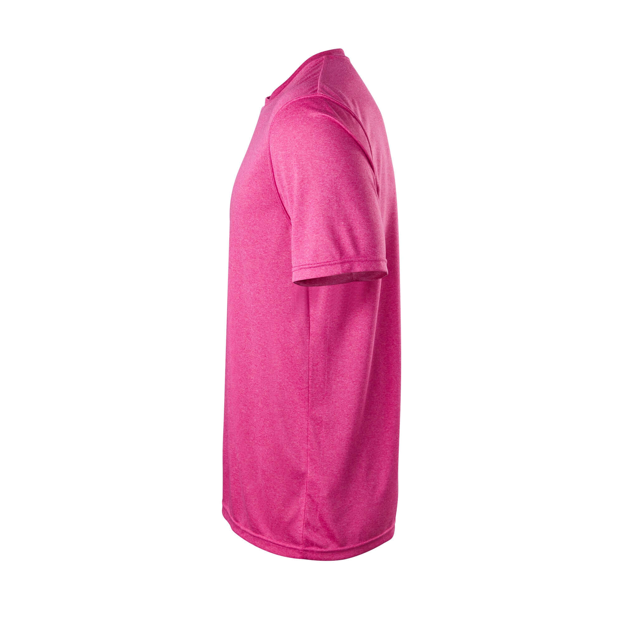 Evoshield Youth Party Animals Heather Tech Tee side view in pink, showcasing lightweight fabric and short sleeves.