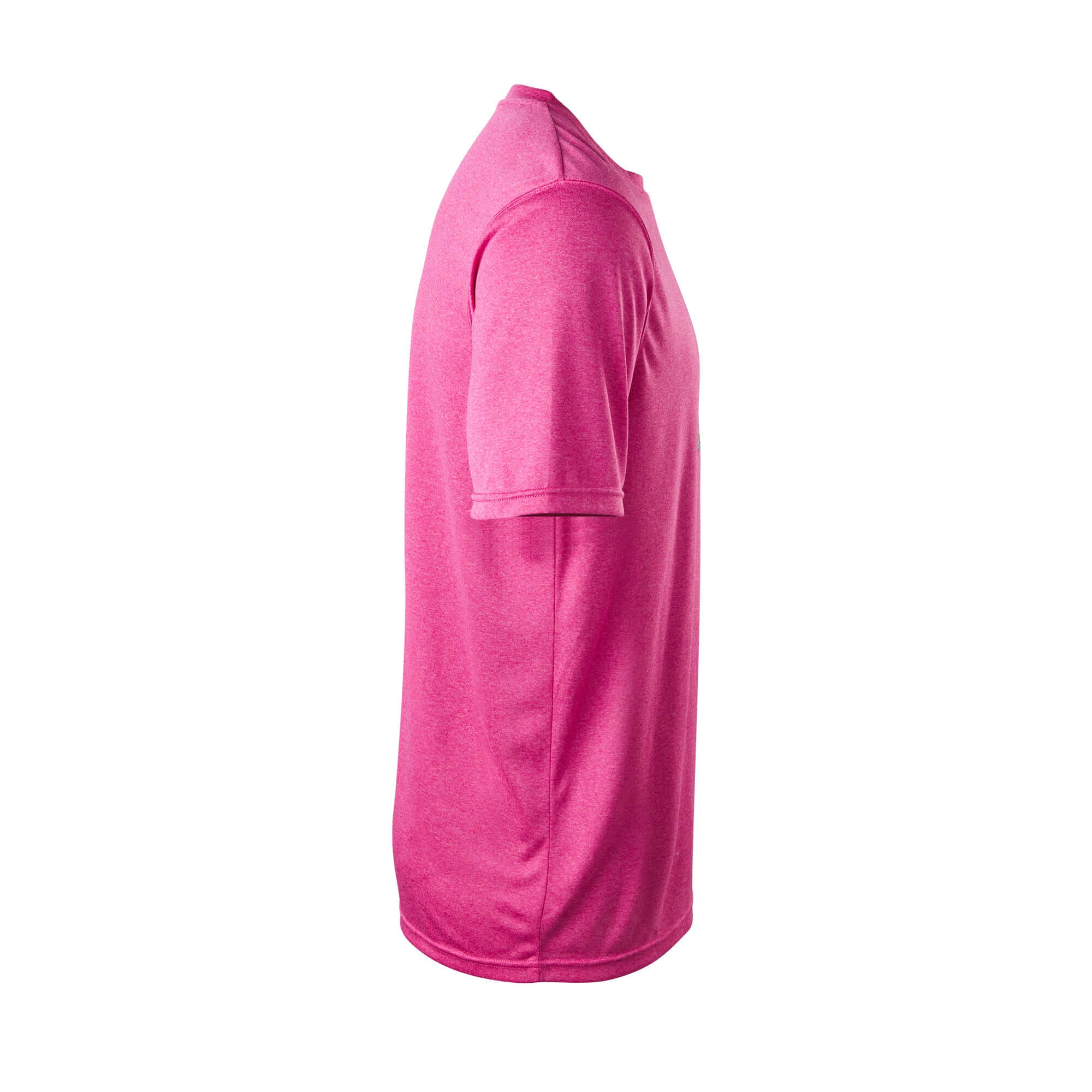 Side view of a pink Evoshield Youth Party Animals Heather Tech Tee for young baseball fans.