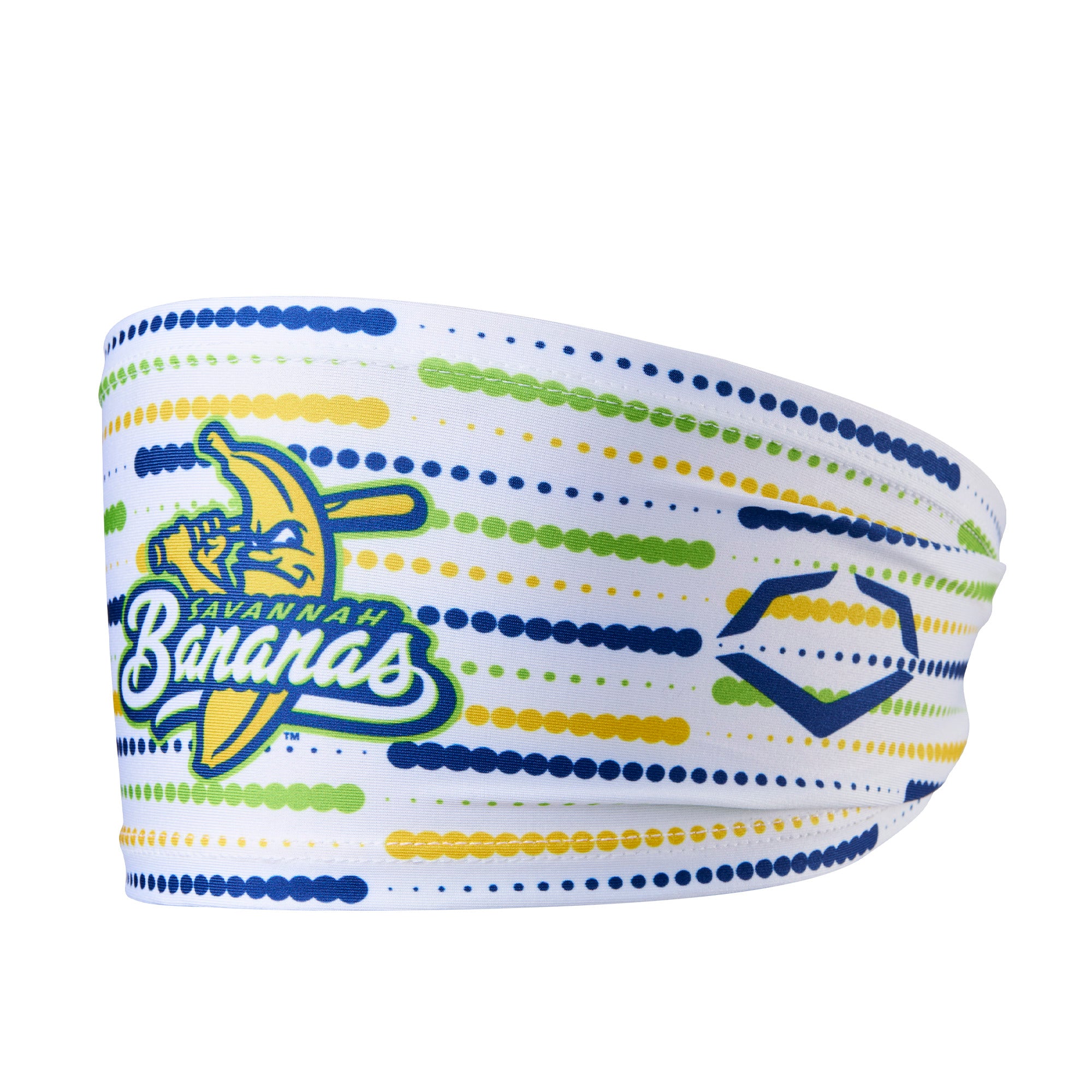 EvoShield Savannah Bananas Comet Headband side view with banana logo and colorful dotted pattern on white background.