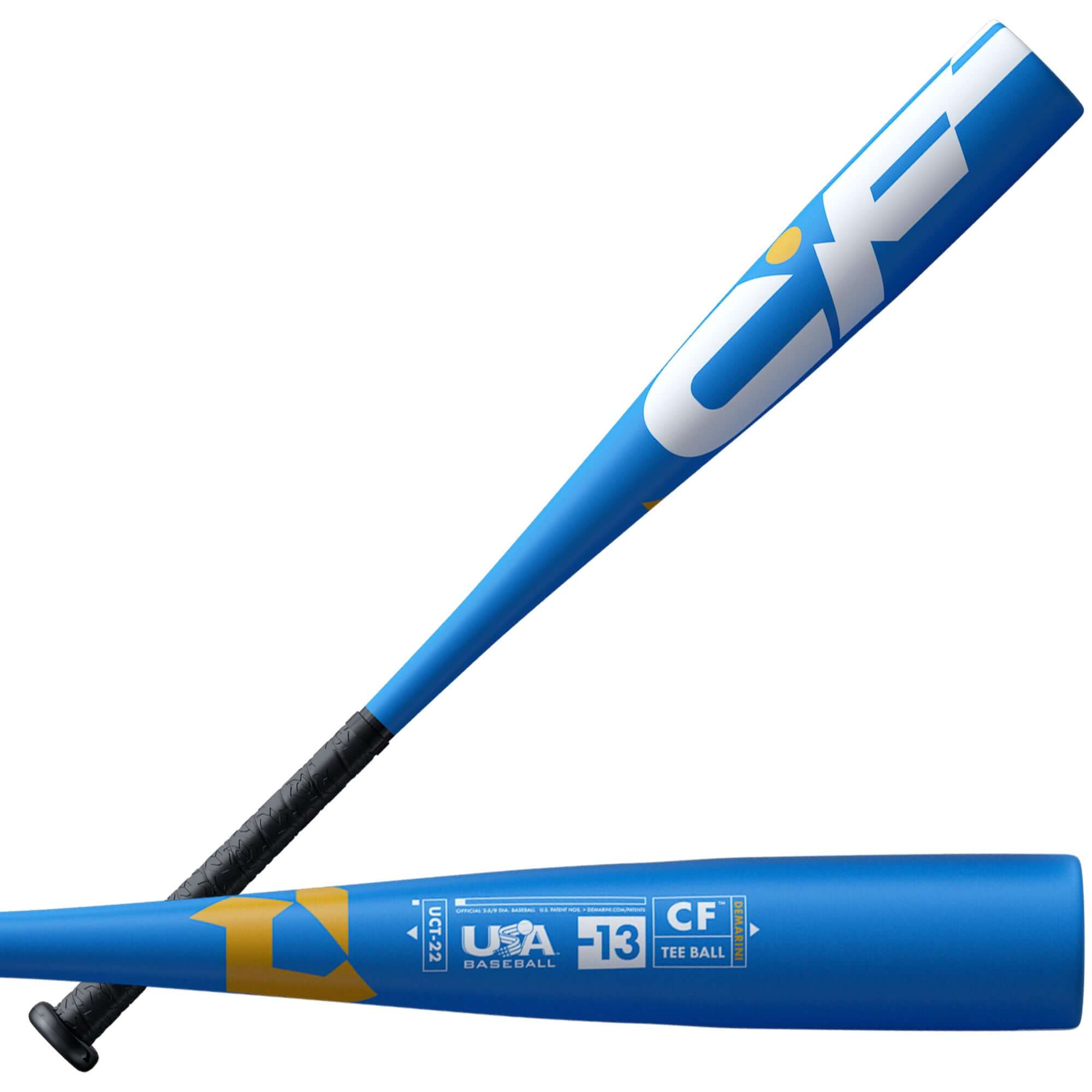 DeMarini CF Tee Ball (-13) bat in blue with USA Baseball logo and TP Composite construction for young hitters.