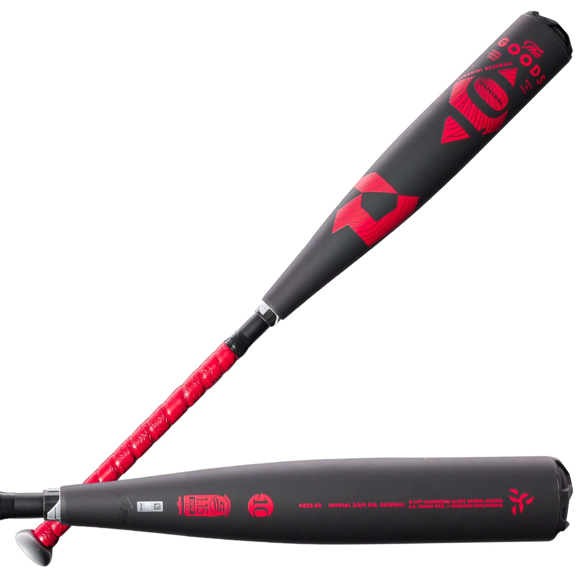 DeMarini The Goods SL (-10) 2 3/4 USSSA baseball bat with black and red design, featuring X14 Alloy Barrel for lightweight performance.