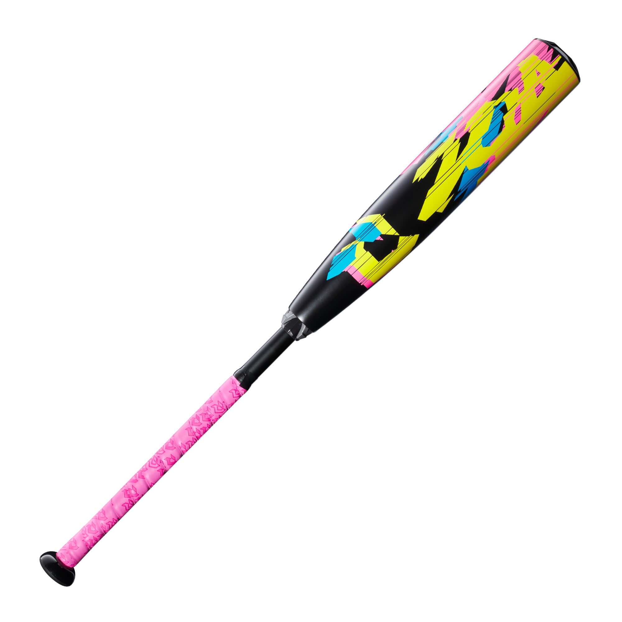 Demarini 2023 Zoa Glitch USSSA -8 baseball bat with yellow, pink, and blue design, two-piece composite build.