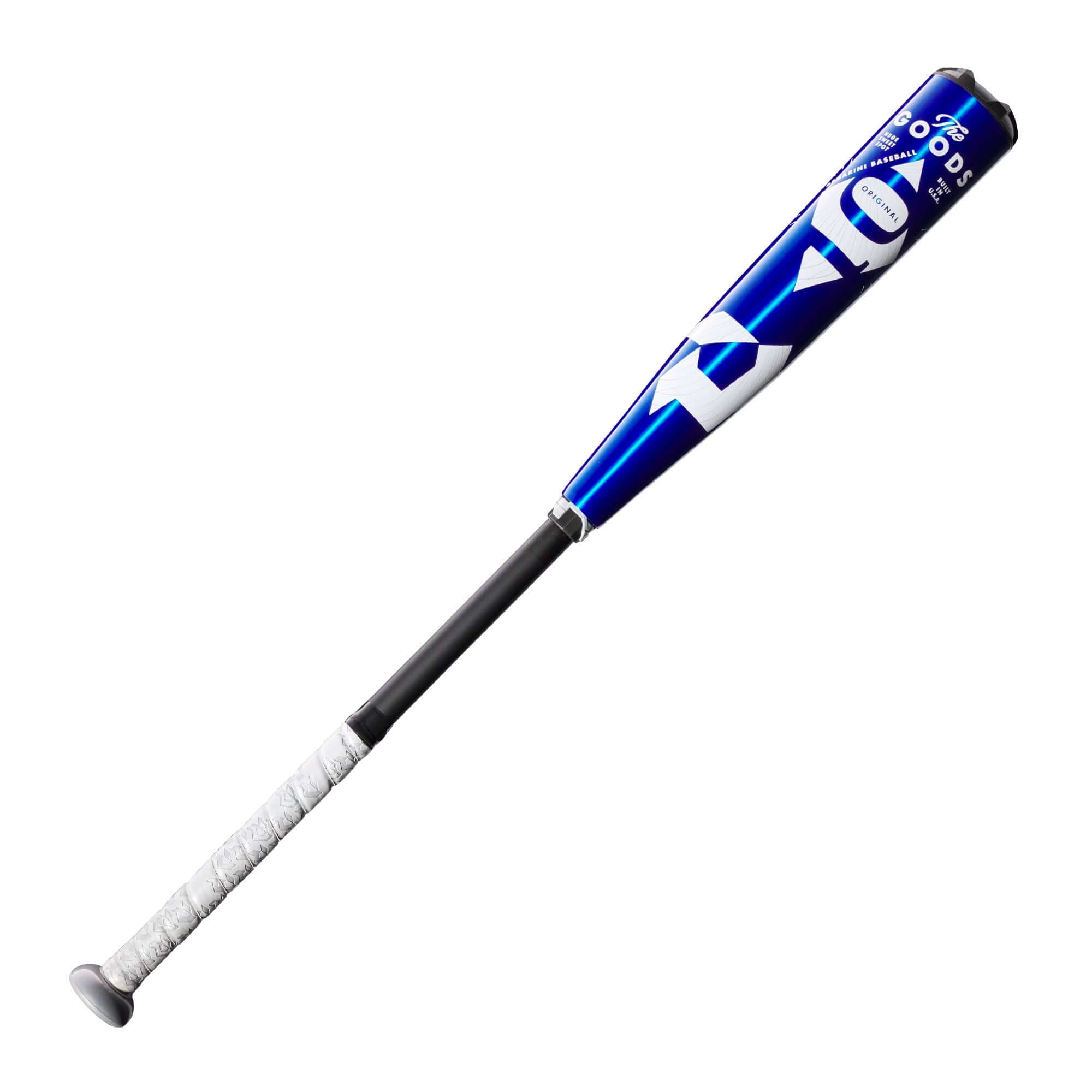 DeMarini The Goods (-10) USA Baseball Bat with X14 Alloy Barrel and Paraflex Plus Composite Handle, blue and black design.