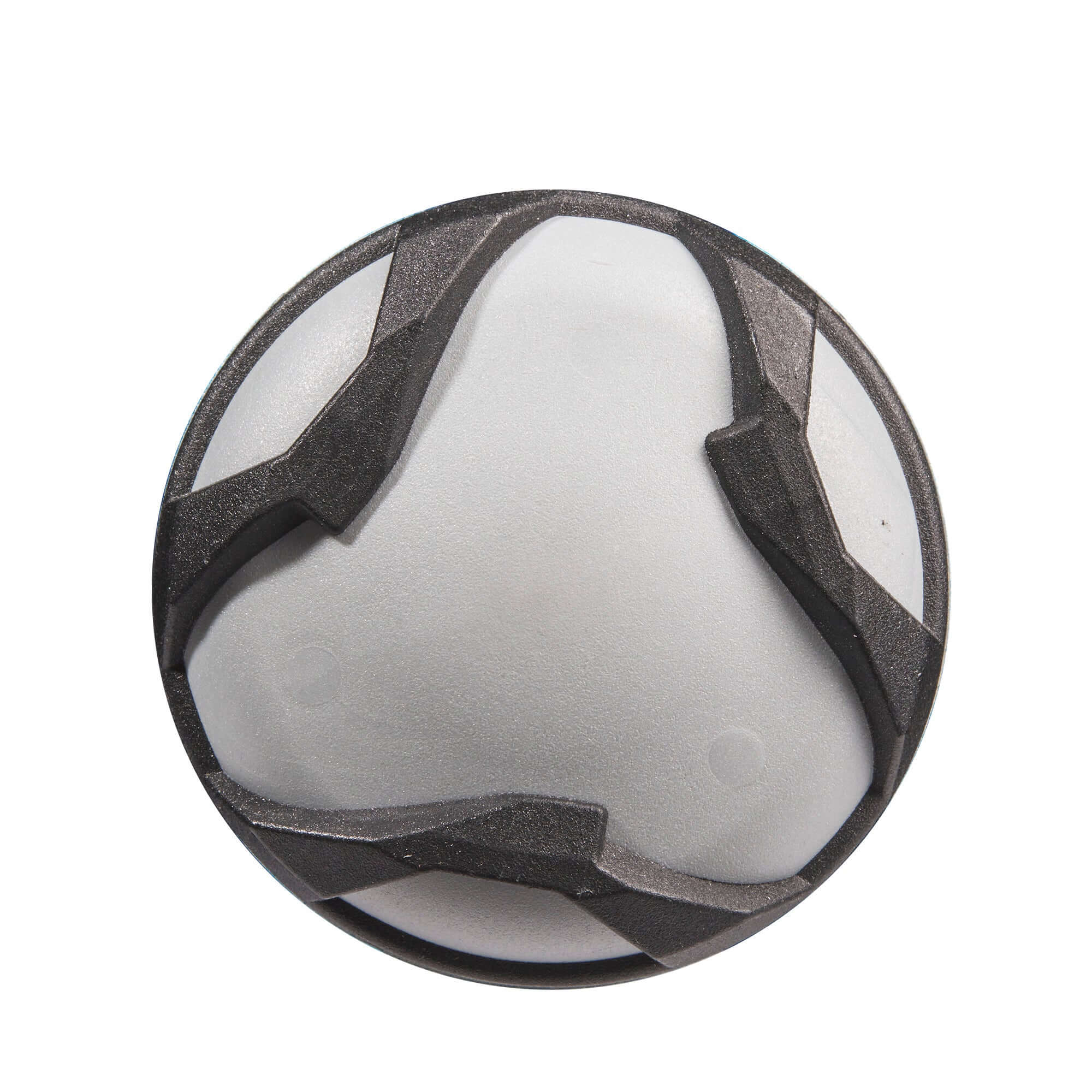 Top view of a gray and black training ball with unique grip patterns for enhanced control in sports practice.
