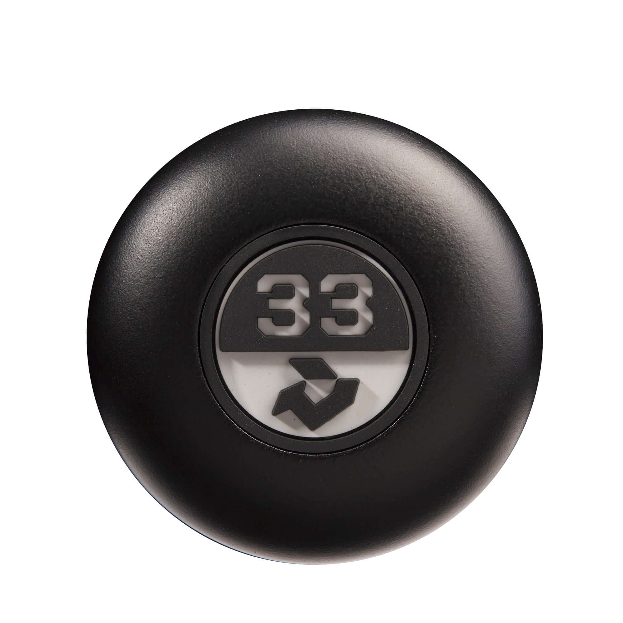 Top view of a black baseball bat grip knob with the number 33 displayed prominently.