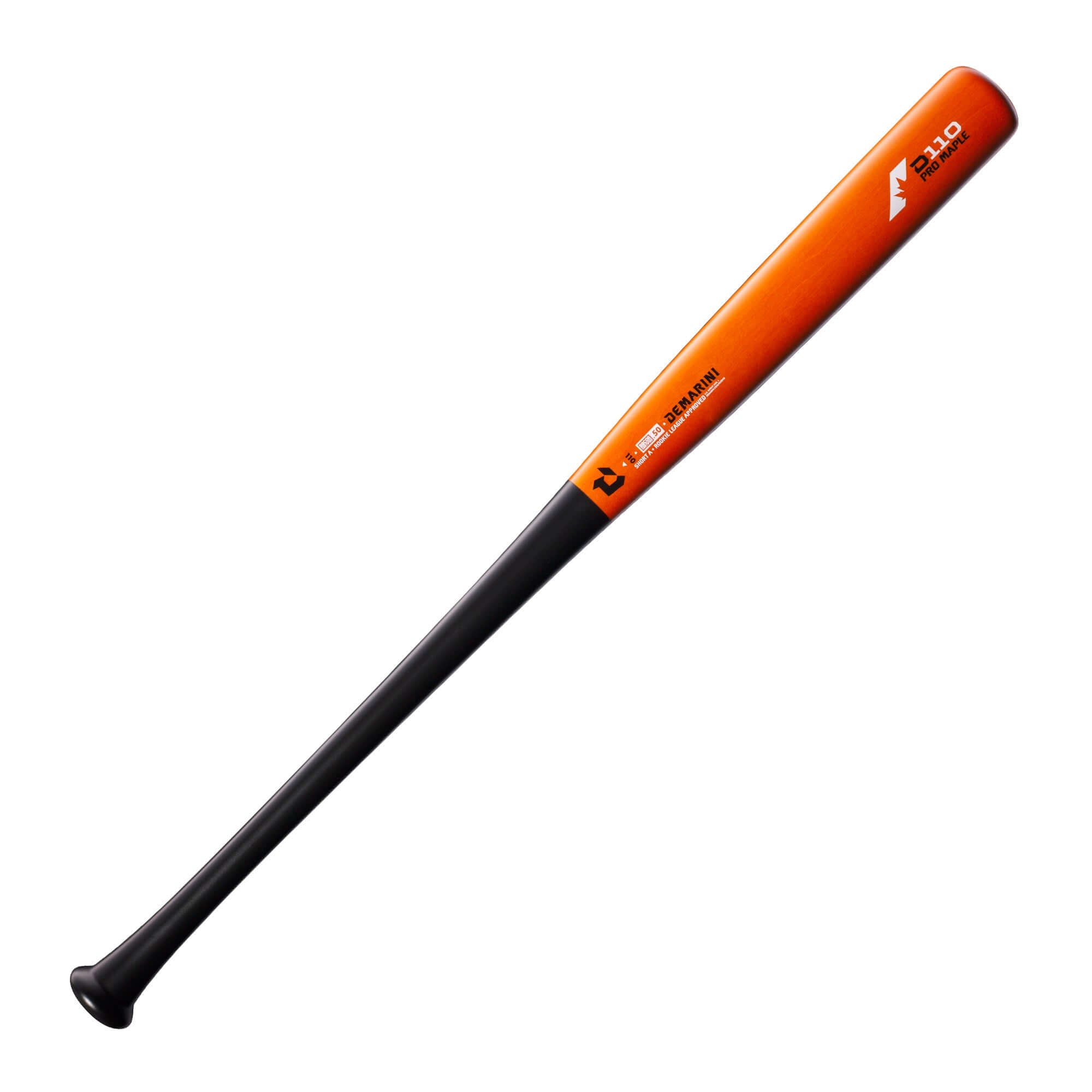 DeMarini D110 Pro Maple Wood Composite Baseball Bat with orange and black design for tournaments and Perfect Game play.
