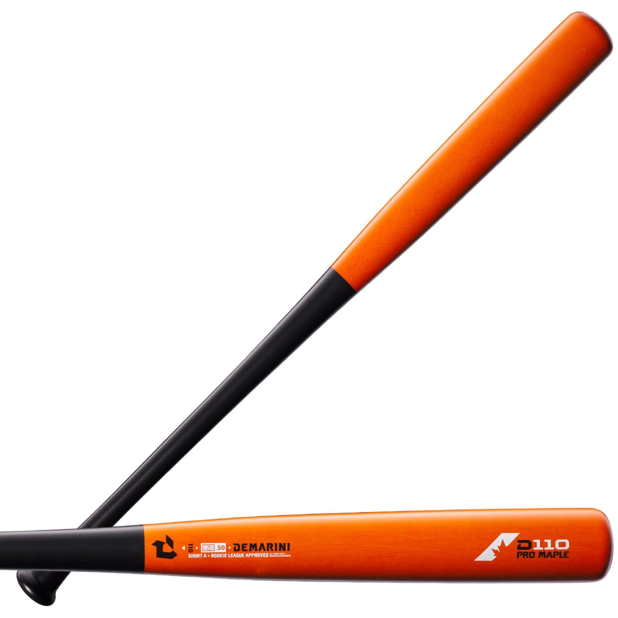 Demarini D110 Pro Maple Wood Composite Baseball Bat in orange and black for wood bat tournaments. Approved for Perfect Game play.