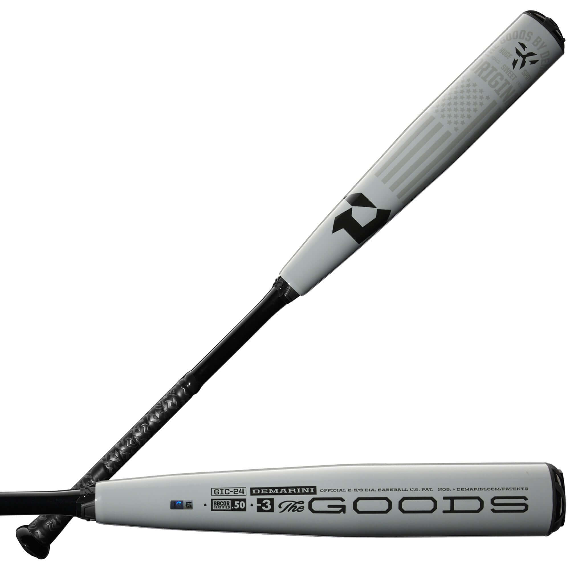 DeMarini 2024 The Goods (-3) BBCOR baseball bat showcasing USA flag decal and X14 Alloy Barrel.