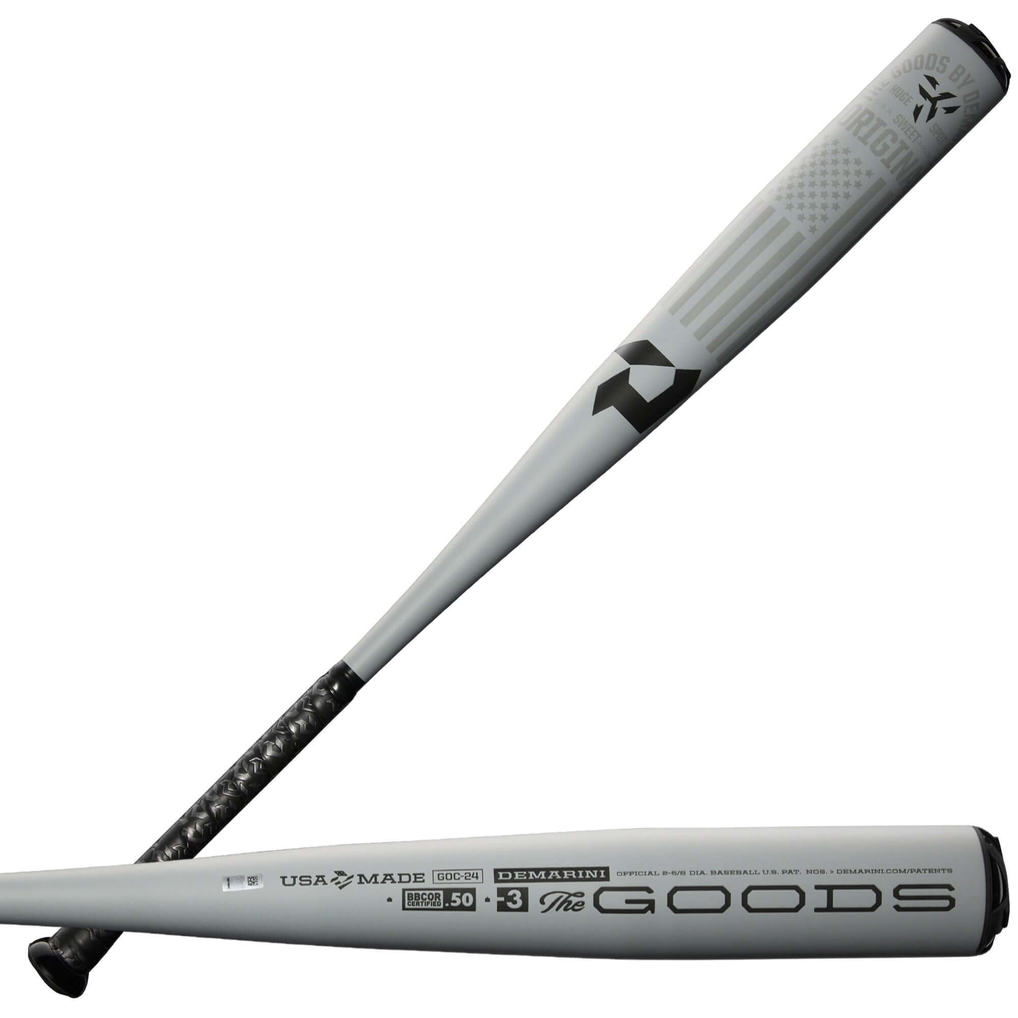 DeMarini 2024 The Goods One Piece (-3) BBCOR bat showcasing X14 Alloy Barrel and USA flag decal. Perfect for power hitters.