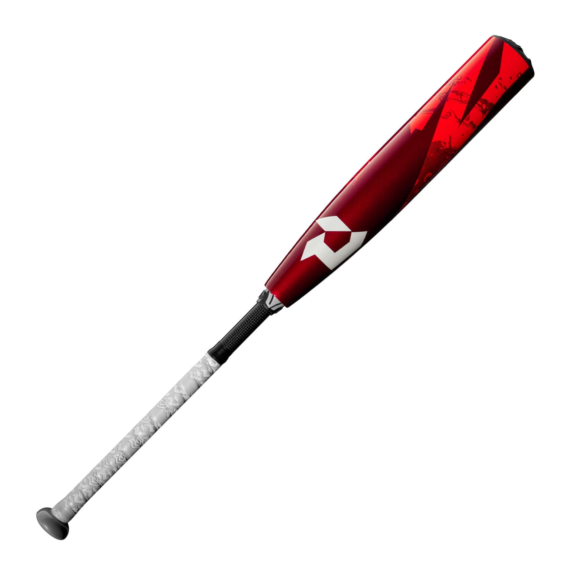 DeMarini 2024 Zoa (-8) USSSA Baseball Bat with red and black graphic design and white grip showcasing its two-piece construction.