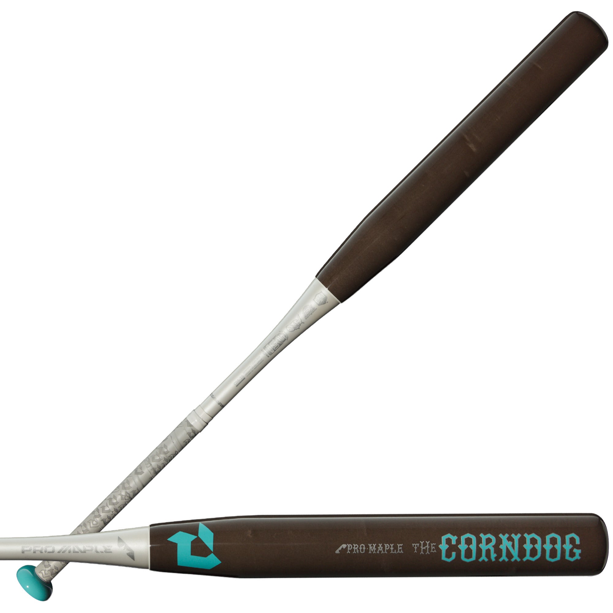 DeMarini Corndog Wood Composite Slowpitch Softball Bat front and back view with gray and sky blue barrel