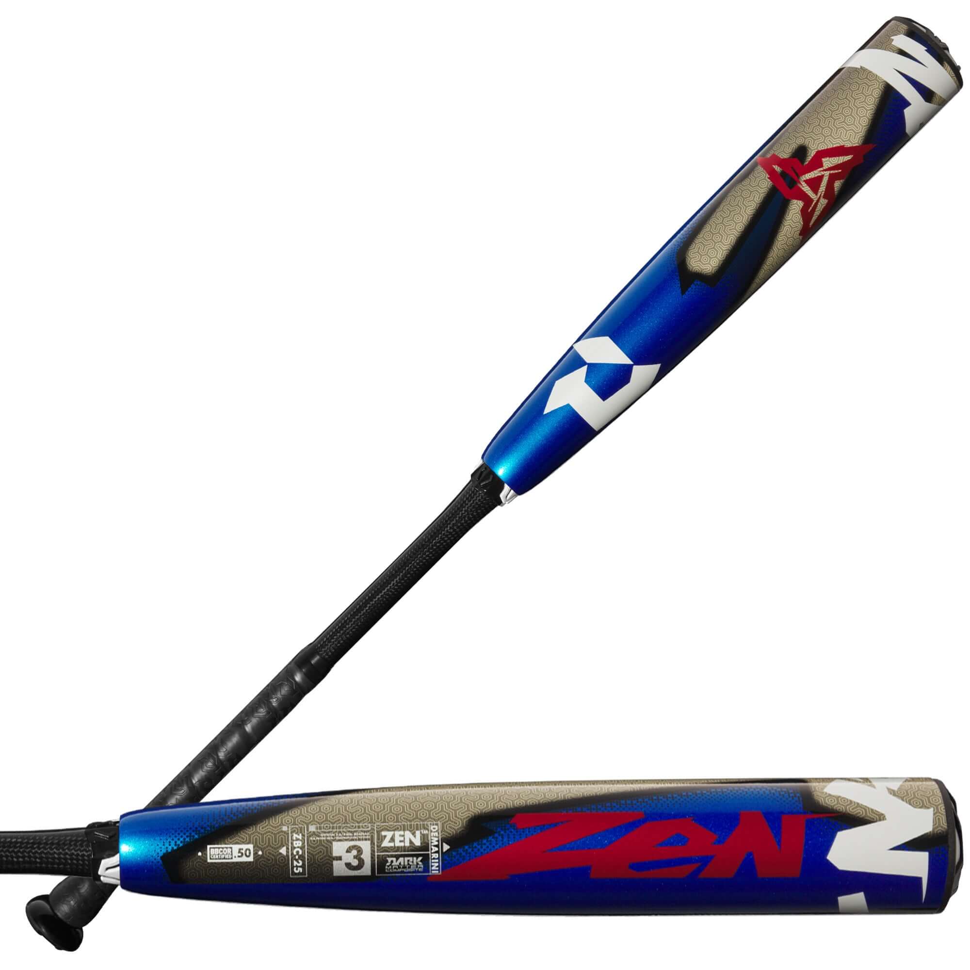 DeMarini Zen 2025 BBCOR (-3) baseball bat showcasing its sleek design and Dark Matter Composite Barrel.