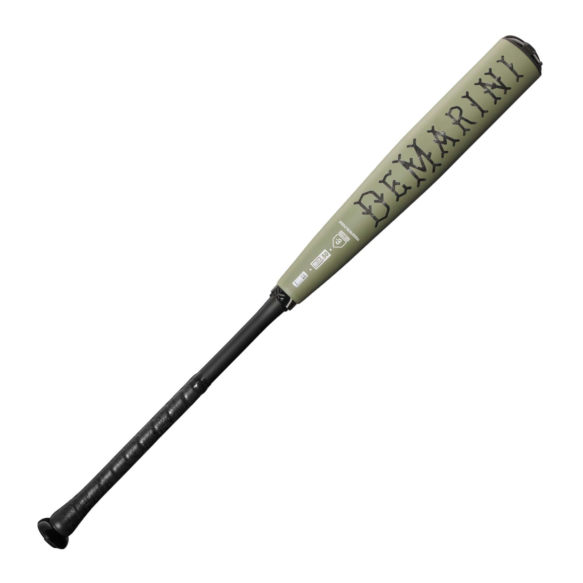 DeMarini The Goods 2025 BBCOR bat in matte Olive Green with a two-piece hybrid design for powerful hits.