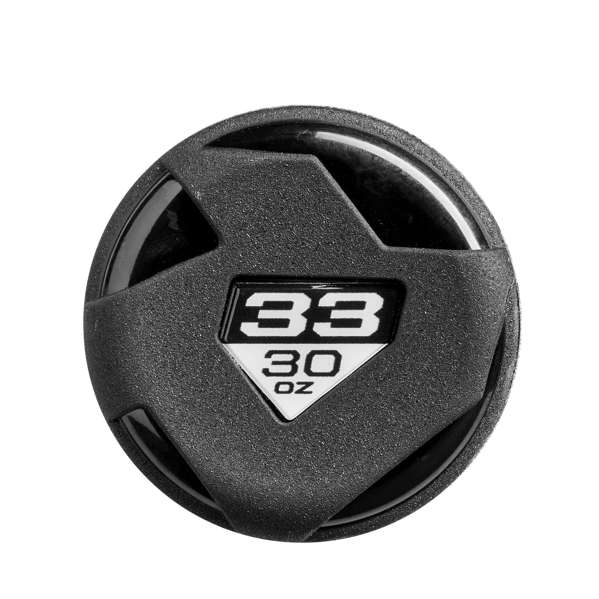 Top view of the DeMarini The Goods 30 oz bat grip knob with a sleek black design and 33 branding.