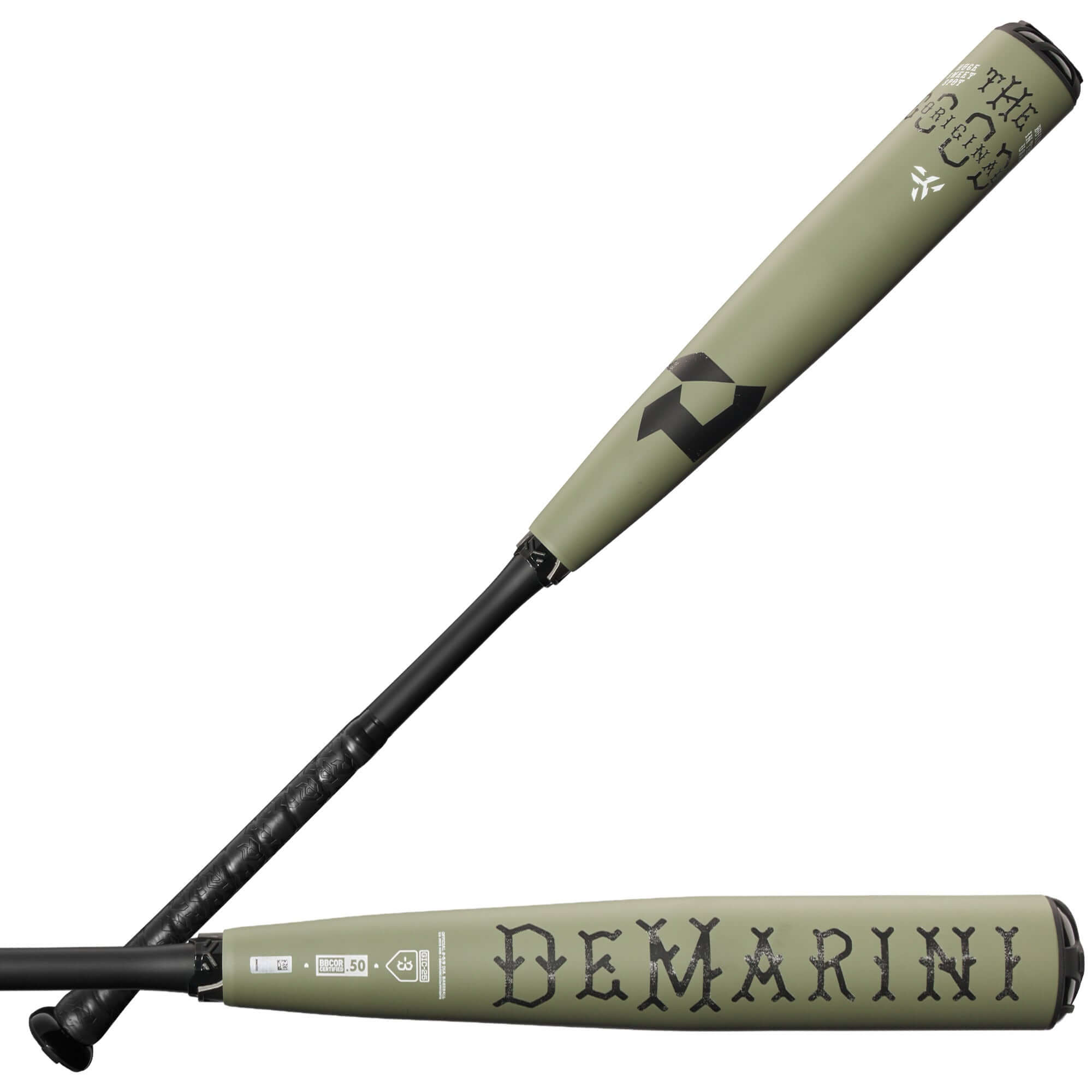 DeMarini The Goods 2025 BBCOR -3 bat with a matte olive green finish and black branding, showcasing its two-piece hybrid design.