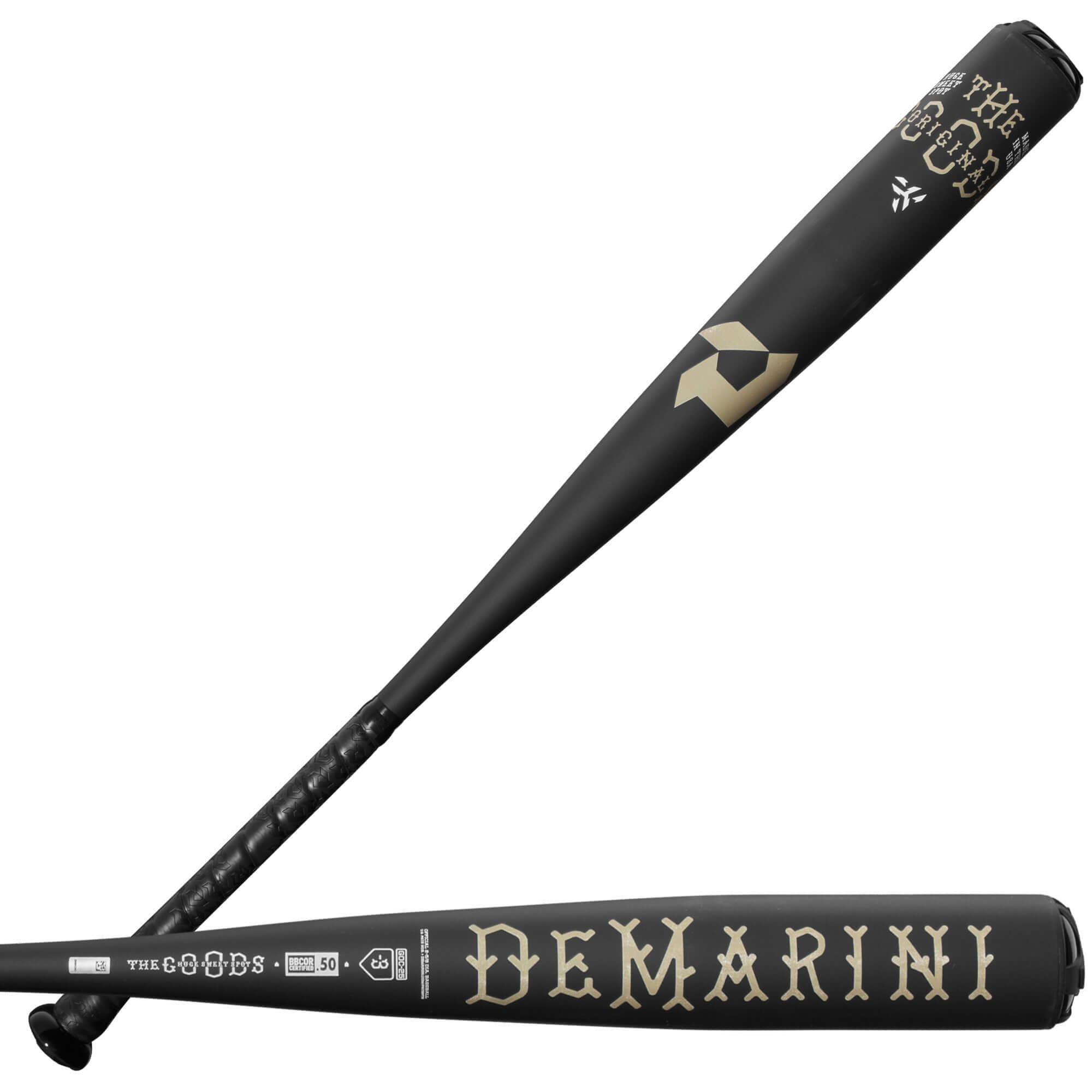 DeMarini The Goods One 2025 BBCOR baseball bat with black finish and gold accents, designed for power hitters.